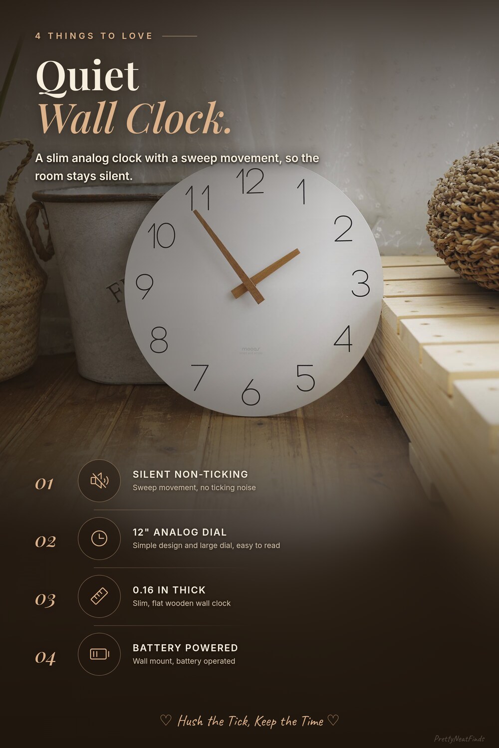 mooas Flatwood Wall Clock, 12 inch Analog Wall Clock, Silent Non-Ticking