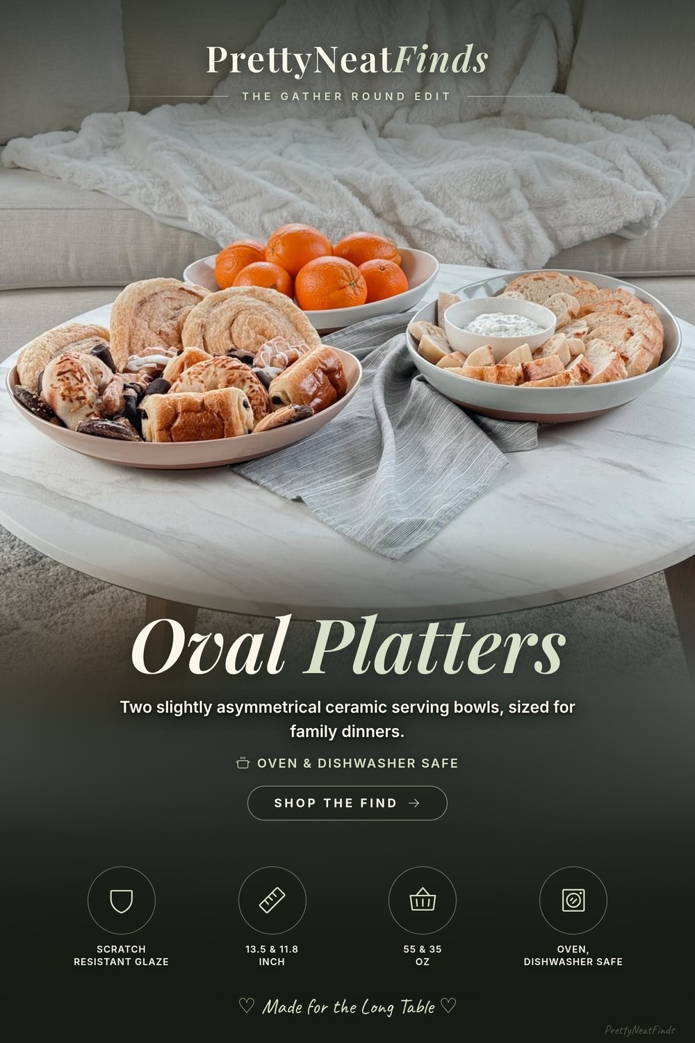MORA Ceramic Oval Serving Platters, Set of 2, 55 and 35 oz, Vanilla White