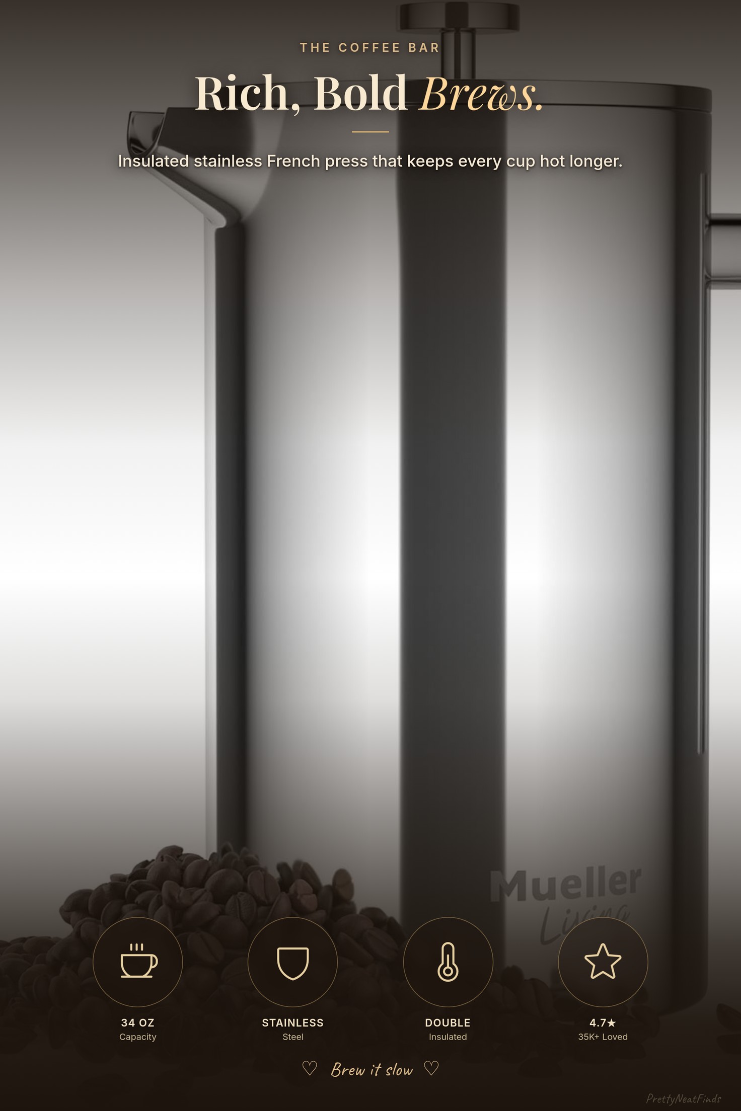 MuellerLiving French Press Coffee Maker (34 oz, Stainless Steel)