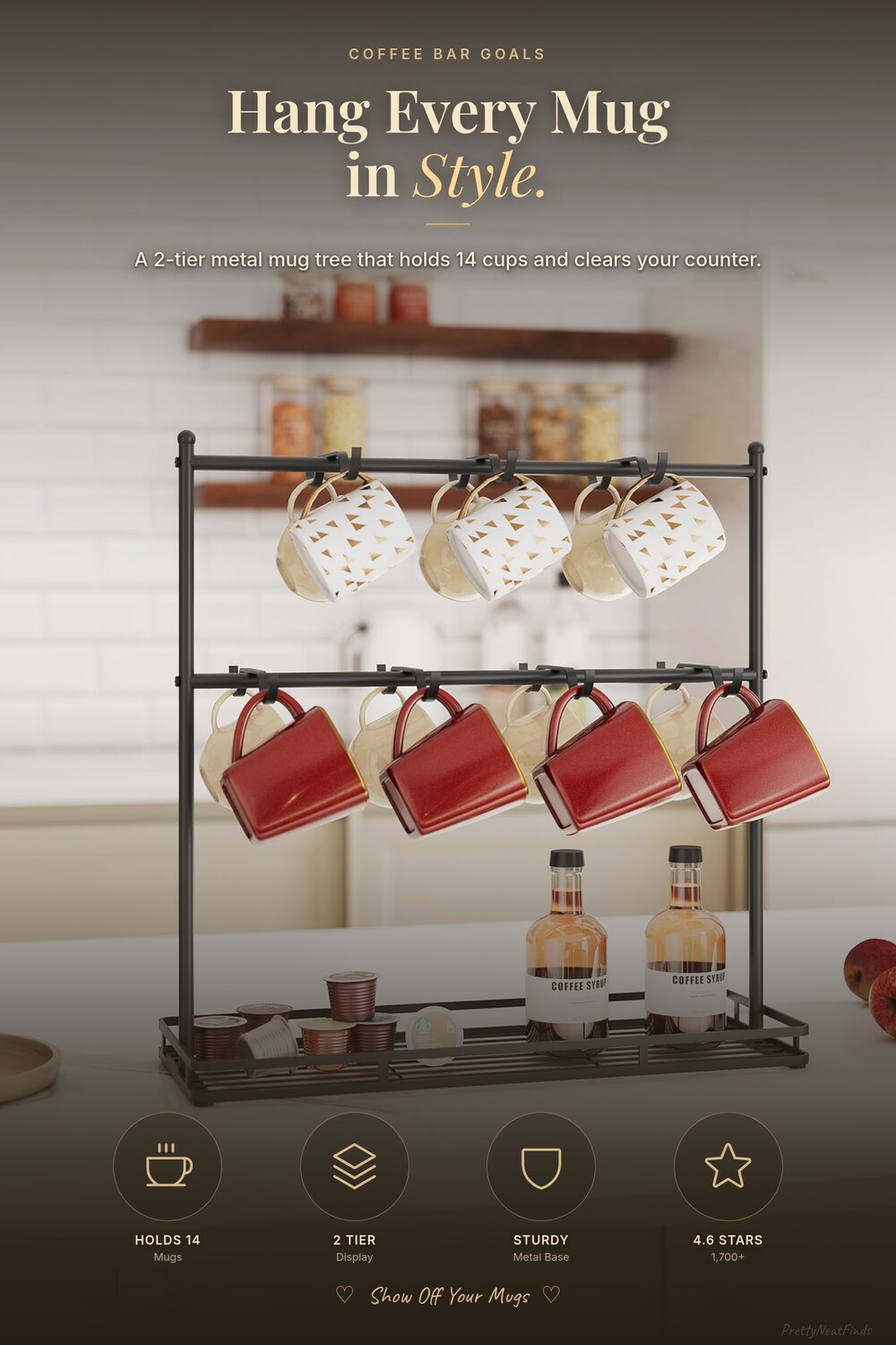 OROPY Coffee Mug Holder, 14-Hook 2-Tier Mug Tree Rack