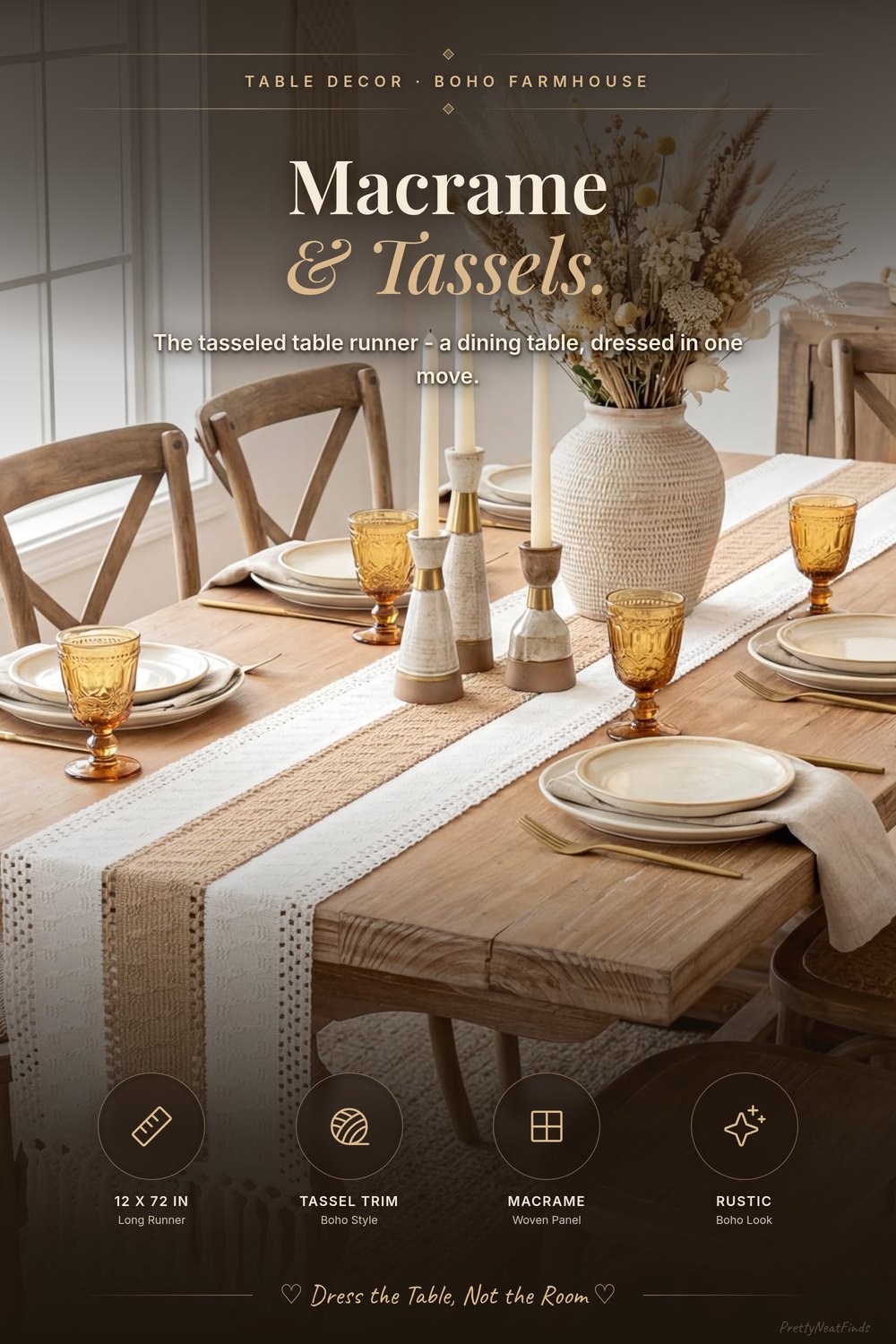 FEXIA Boho Macrame Table Runner with Tassels, 12 x 72 inch
