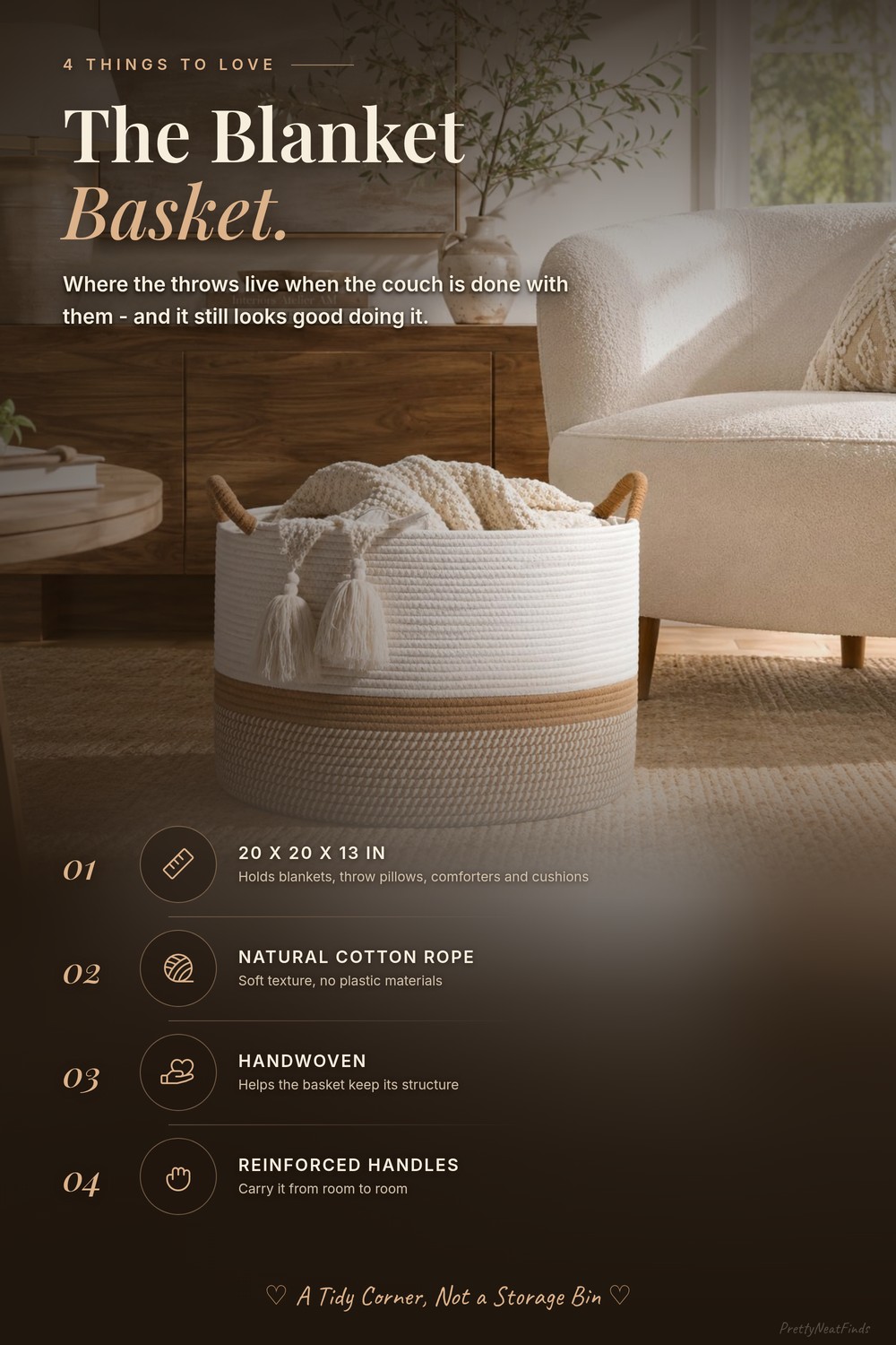 KAKAMAY Large Handwoven Cotton Rope Blanket Basket, 20 x 20 x 13 inch