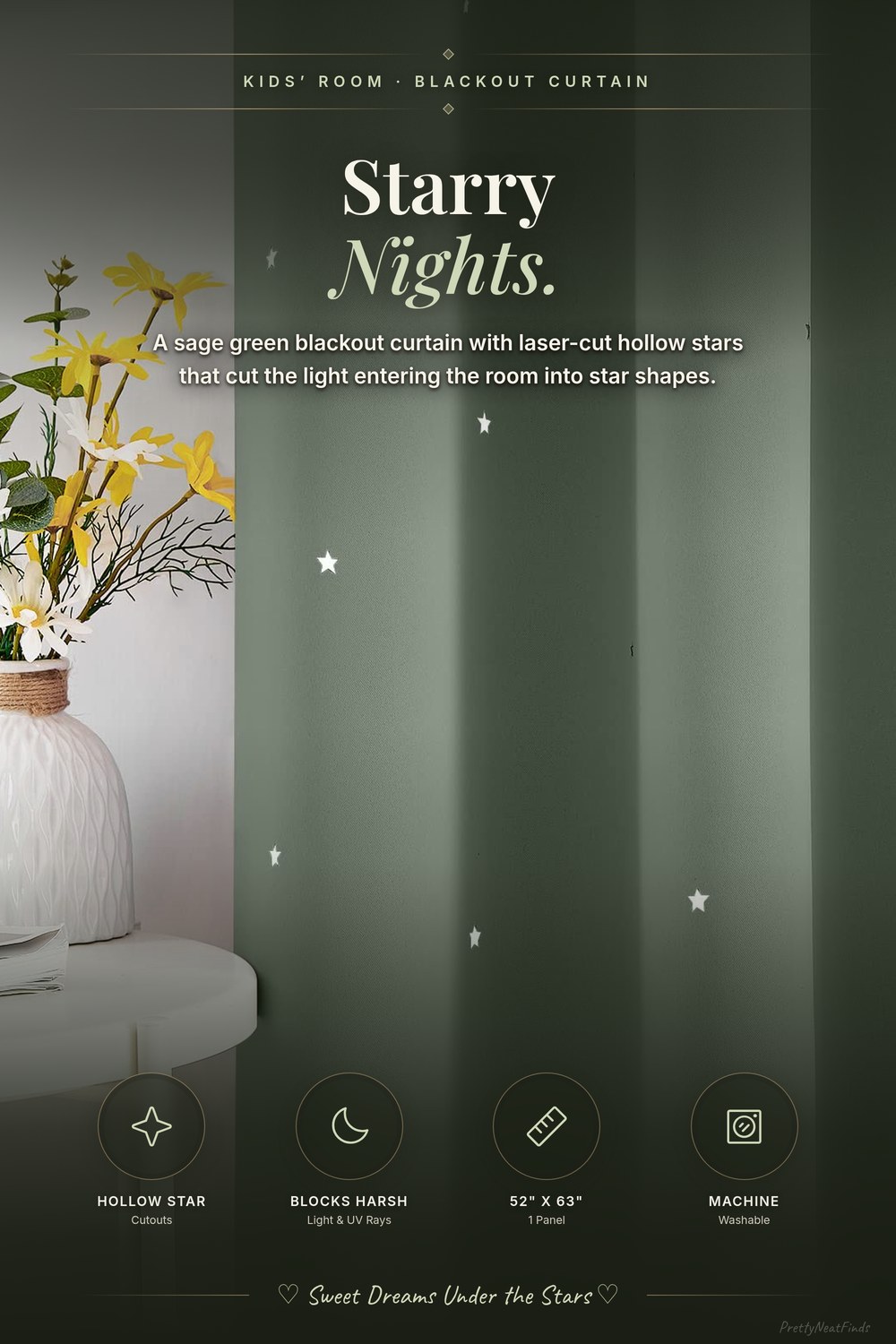 NICETOWN Sage Green Blackout Curtain with Hollow Stars, 1 Panel, 52 x 63 Inches