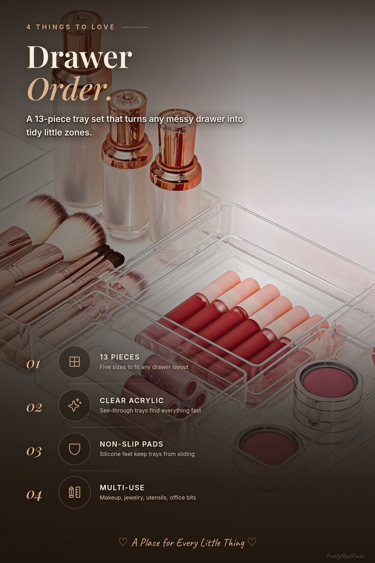 SMARTAKE 13-Piece Clear Drawer Organizer Trays, 5 Sizes