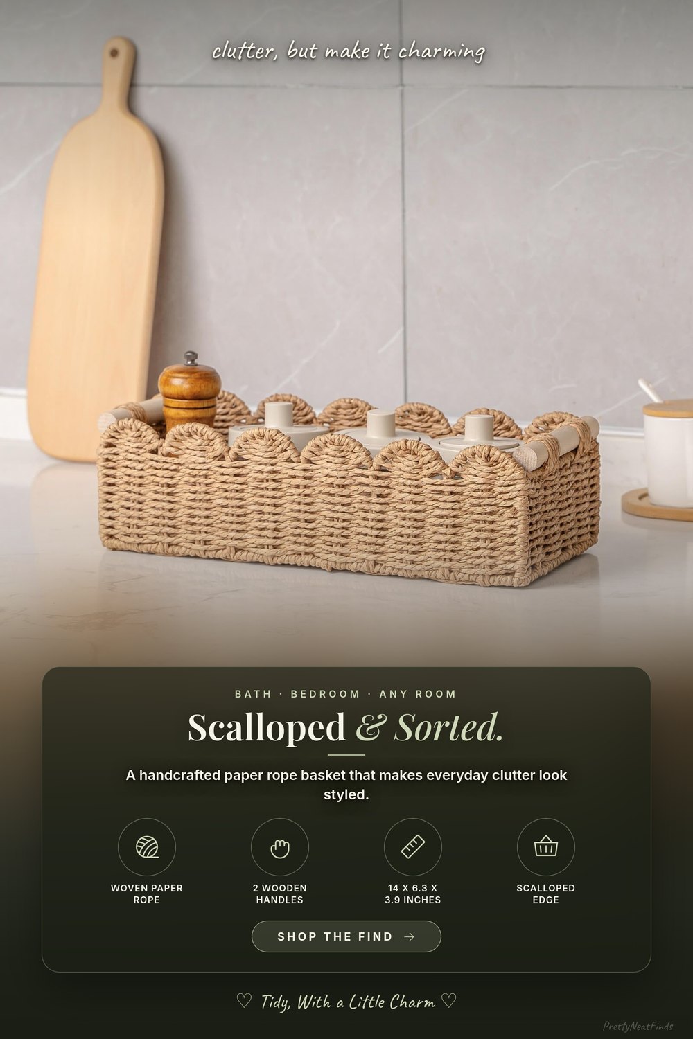 CubesLand Scalloped Woven Storage Basket with Wooden Handles, 14 x 6.3 x 3.9 in