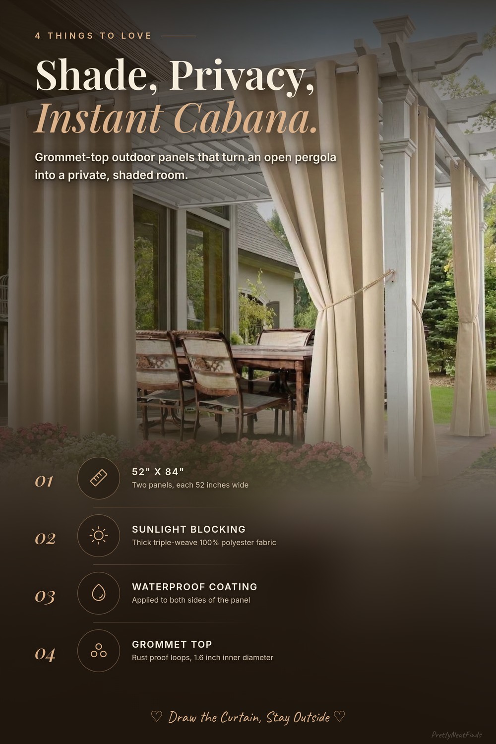 Waterproof Outdoor Curtain, 52 x 84 inch, Grommet Top, Sunlight Blocking, Beige, 2 Panels