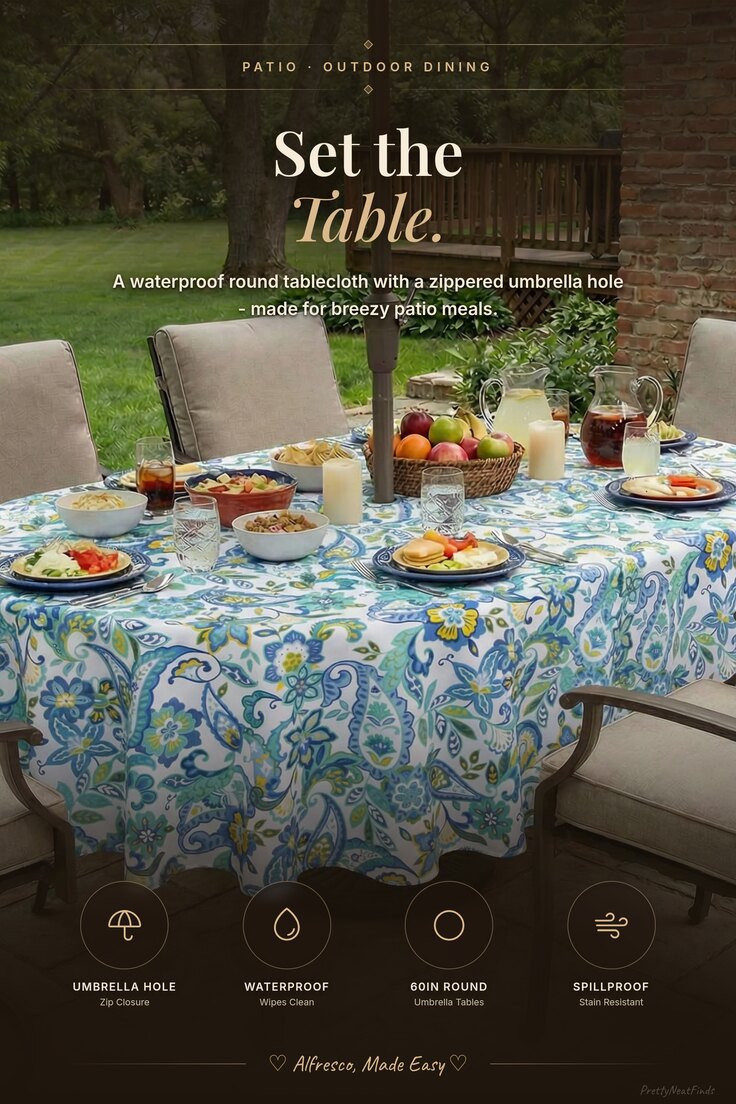 EHouseHome 60in Round Outdoor Tablecloth with Zippered Umbrella Hole