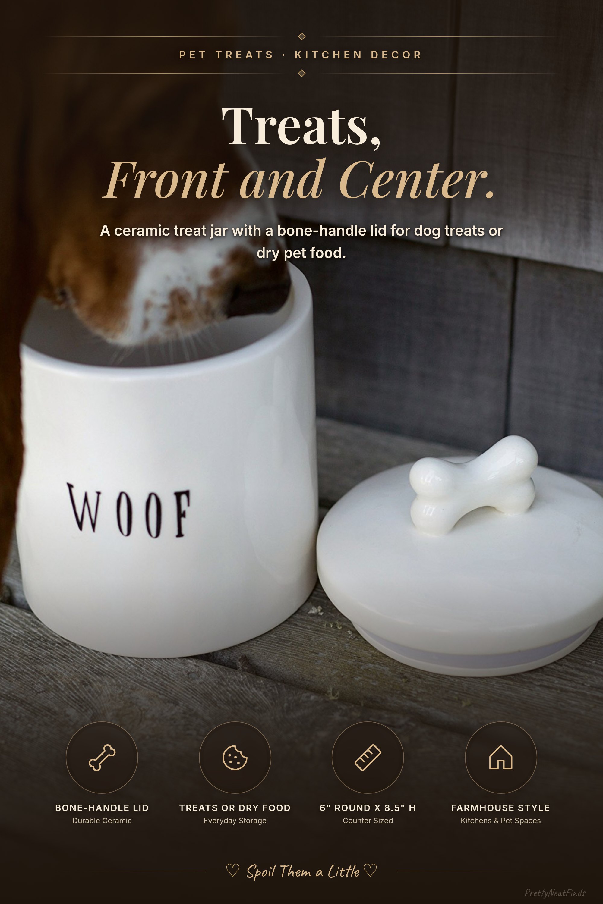 Creative Co-Op Ceramic Dog Treat Jar with Woof Message and Bone Handle Lid