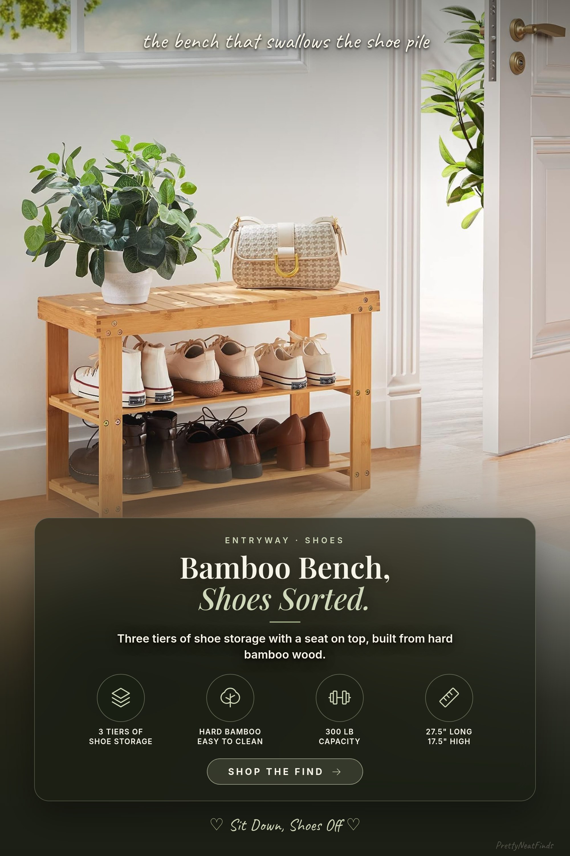 Pipishell 3 Tier Bamboo Shoe Rack Bench for Entryway, Natural