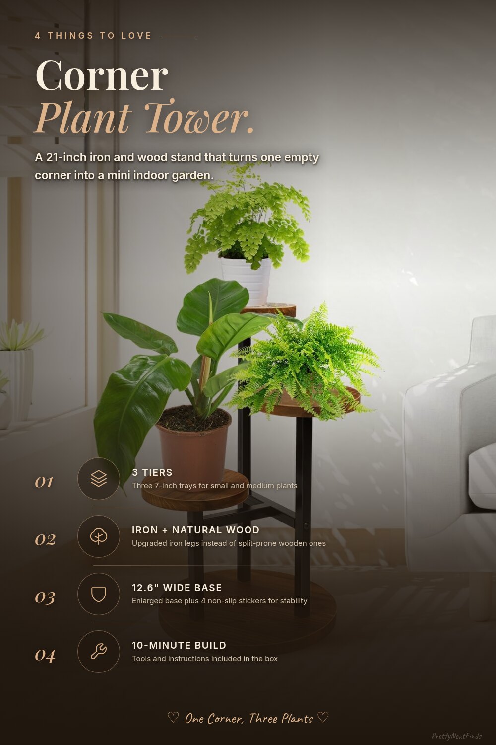 AUGOSTA 3-Tier Plant Stand, Iron and Wood, 21 in