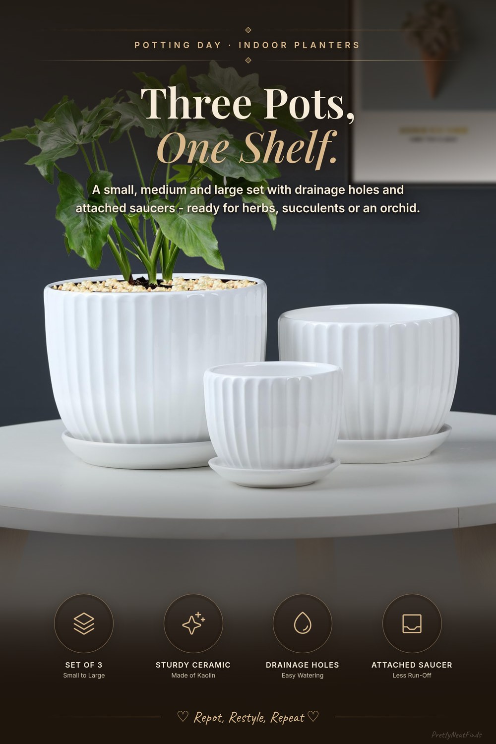 White Plant Pots, Ceramic Flower Pot Set of 3 with Drainage Holes and Saucers