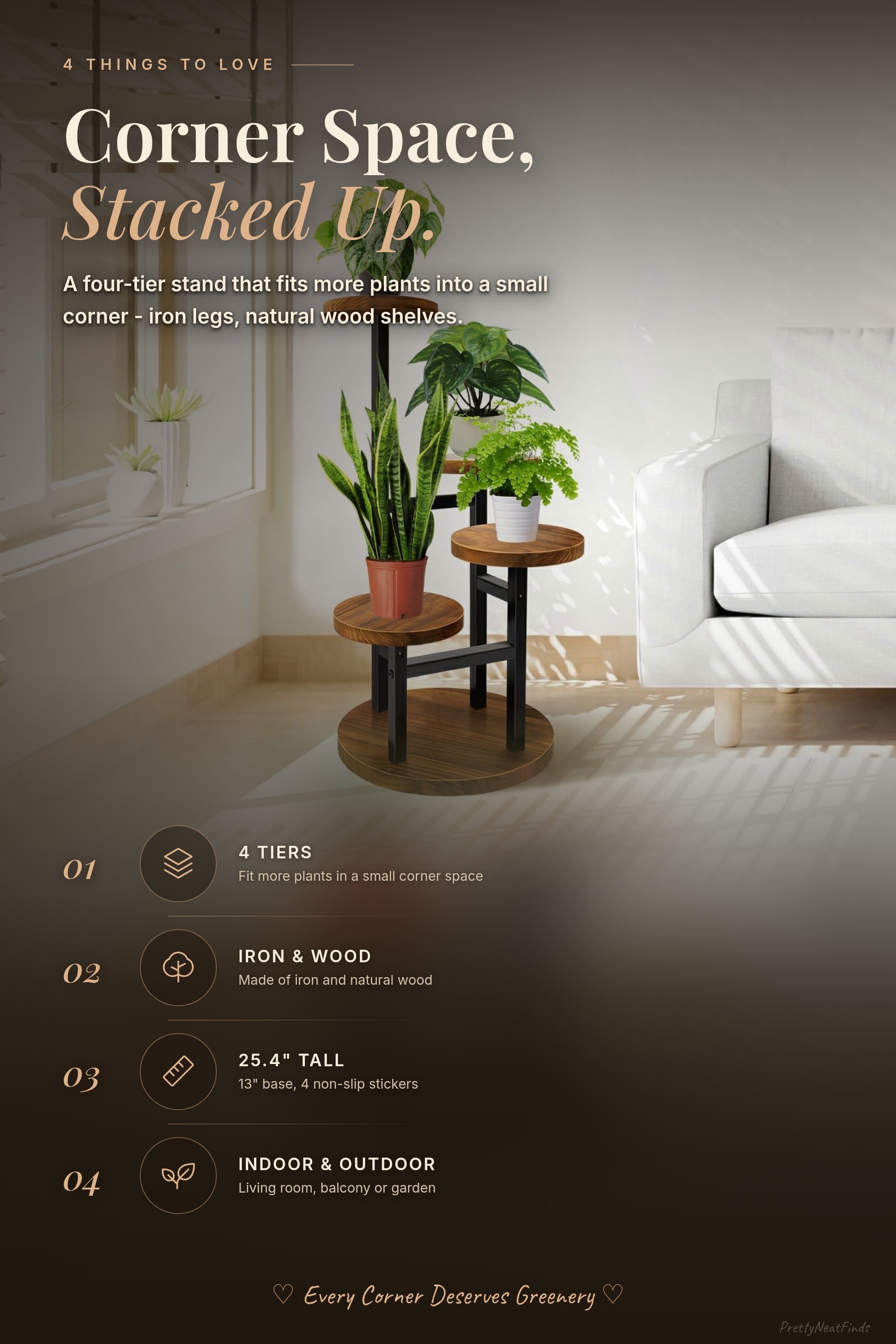 AUGOSTA 4 Tier Corner Plant Stand, Iron Legs with Natural Wood Shelves