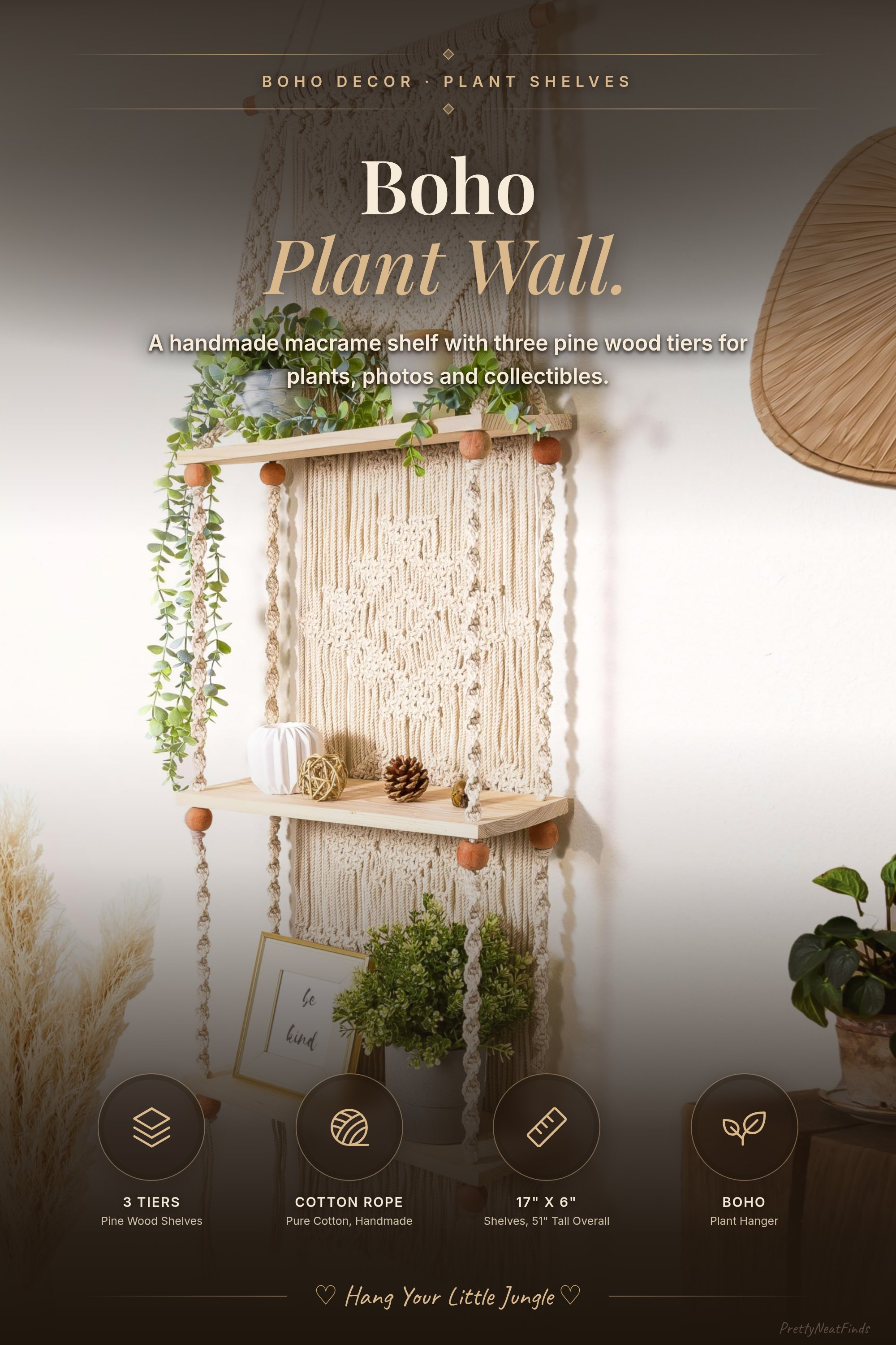 Macrame Wall Hanging Shelf, 3 Tier Pine Shelves on Cotton Rope