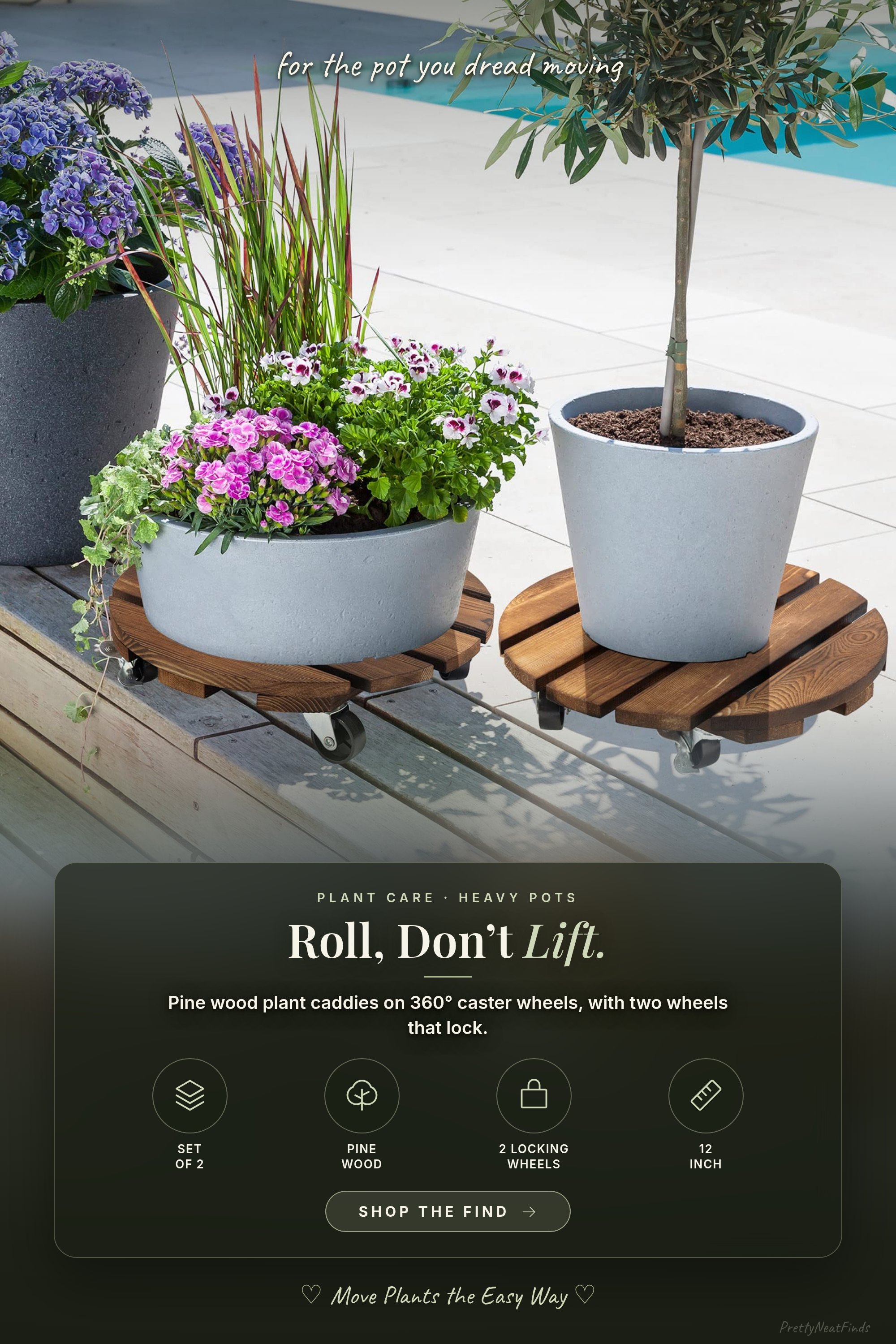 Yangbaga Rolling Pine Wood Plant Caddy with Lockable Wheels, Set of 2