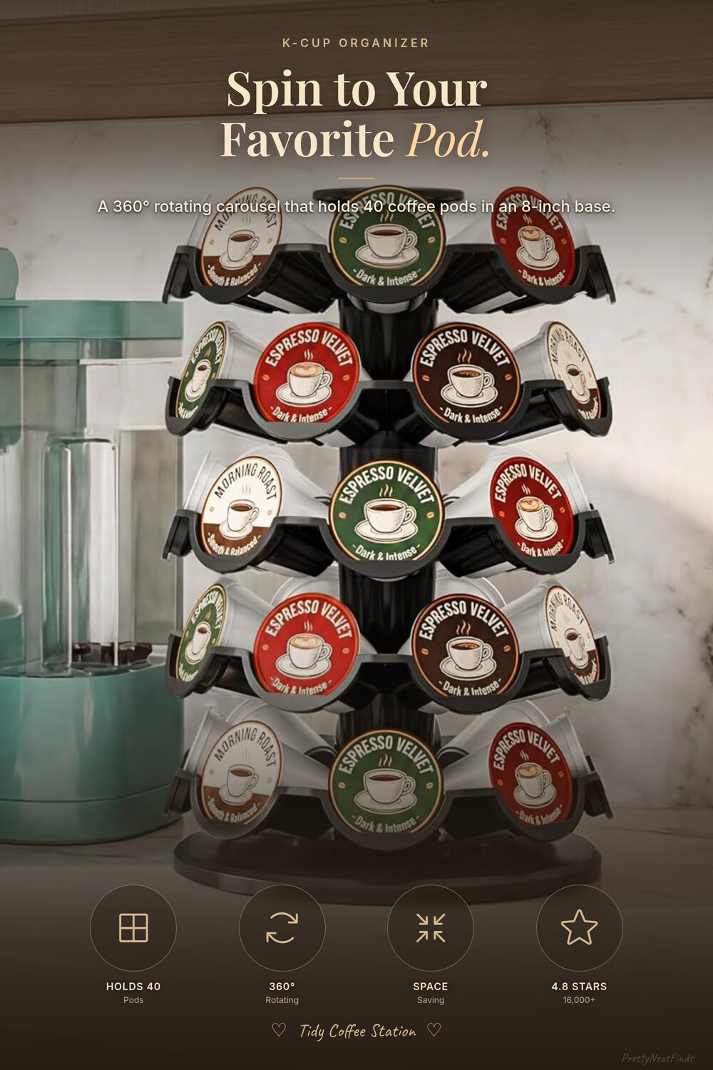 EVERIE Coffee Pod Carousel Organizer, Holds 40 Pods, 360° Rotating