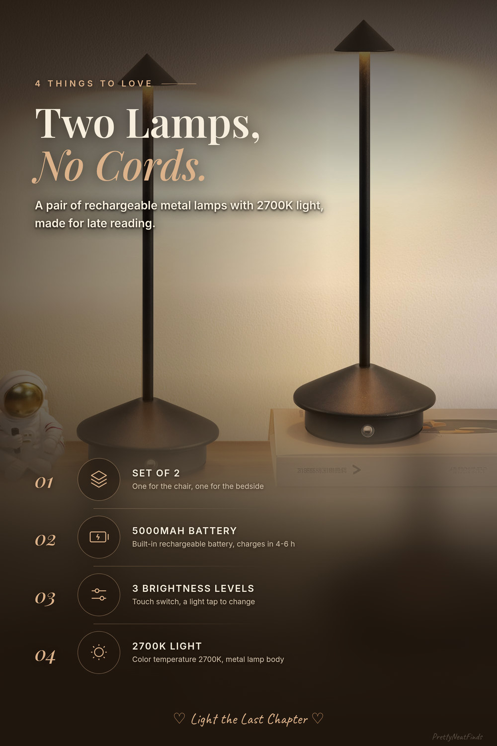 Modern Cordless Table Lamp Set of 2, Black Portable Rechargeable LED Lamps