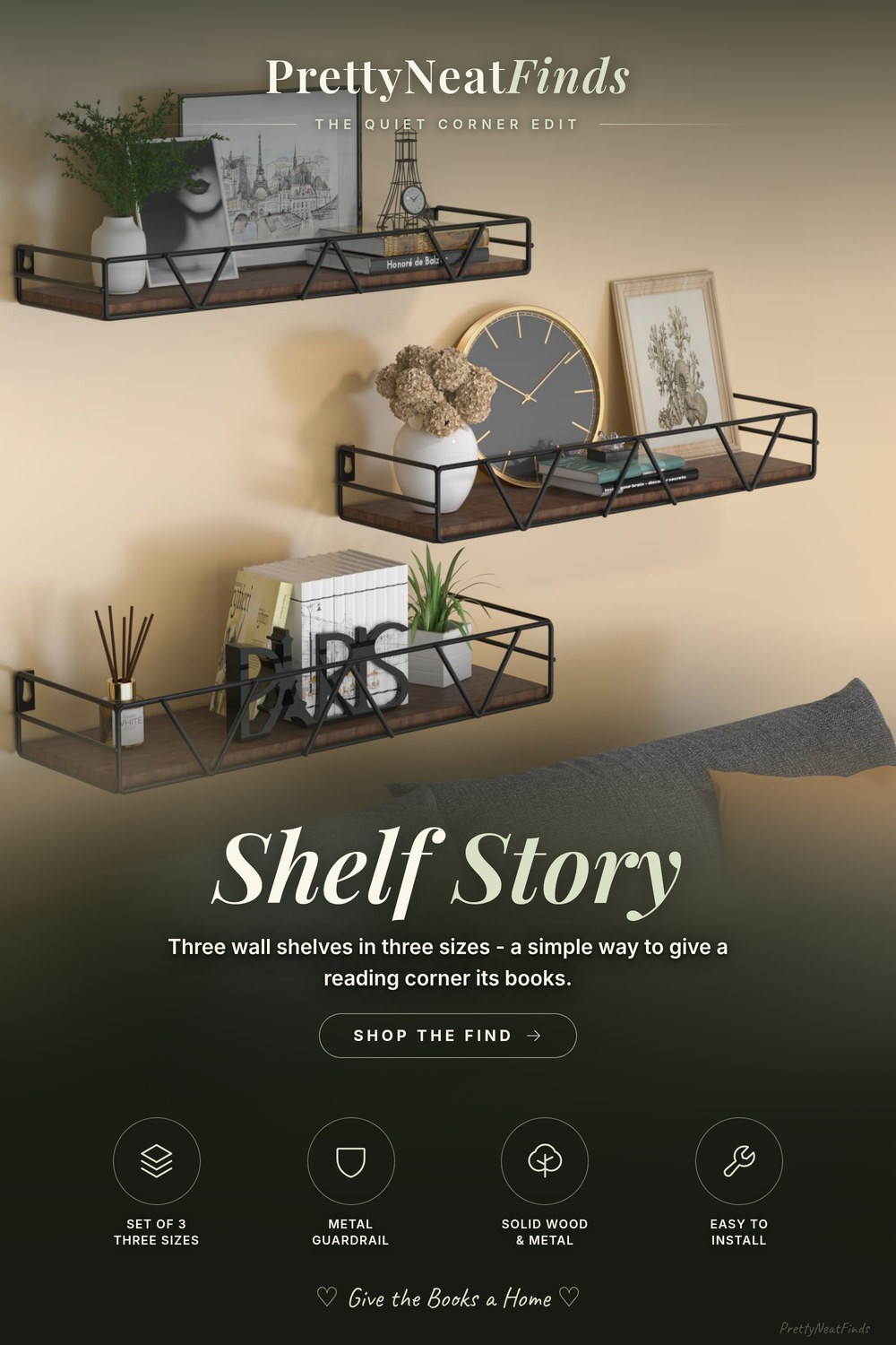 Floating Shelves Set of 3, Wood Wall Shelf with Metal Guardrail, Farmhouse Style