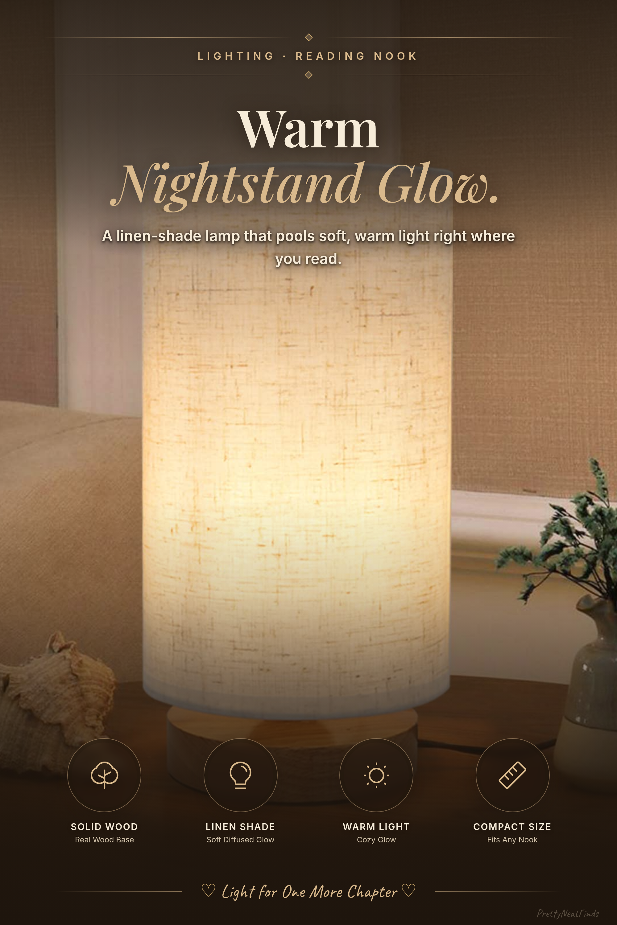 Small Bedside Table Lamp with Round Fabric Linen Shade, Solid Wood Base