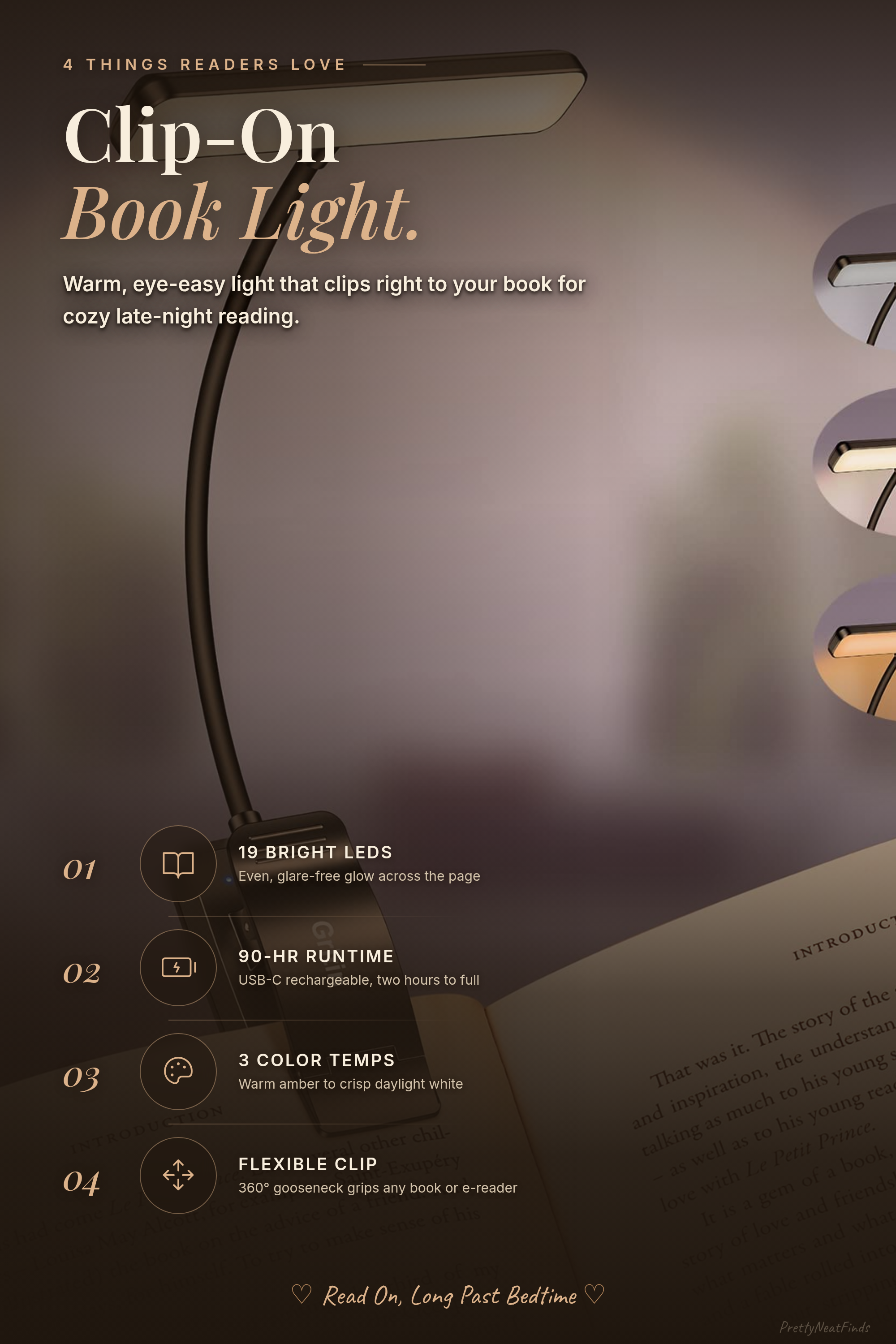 Gritin 19 LED Rechargeable Book Light for Reading in Bed, 3 Color Temps, Stepless Dimming