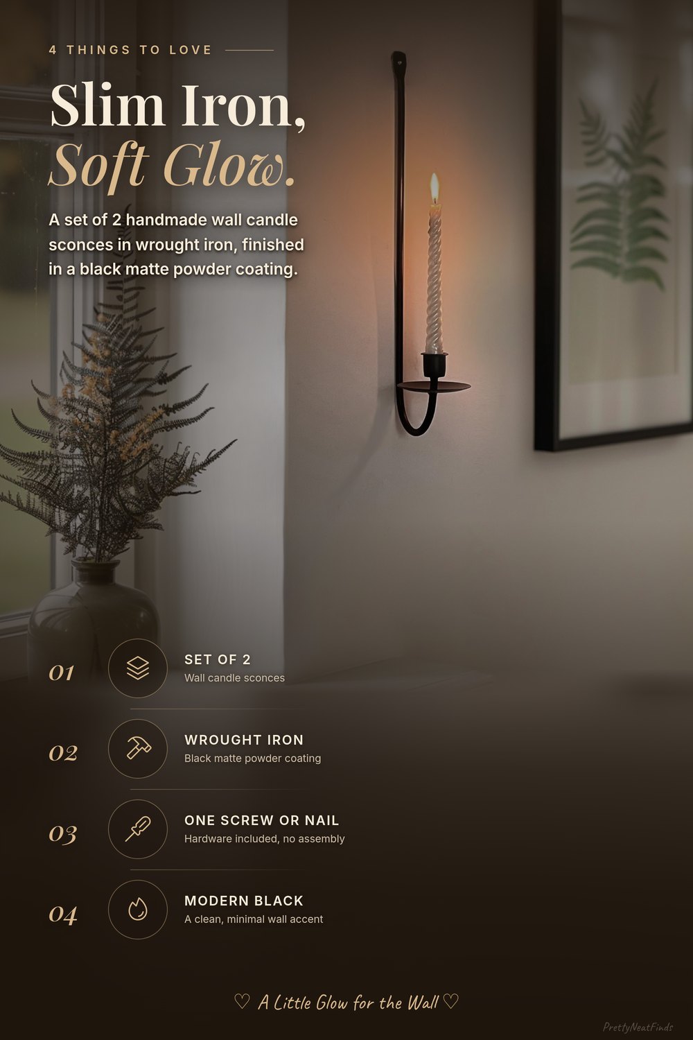 Remenna Wrought Iron Wall Candle Sconces, Set of 2, Black