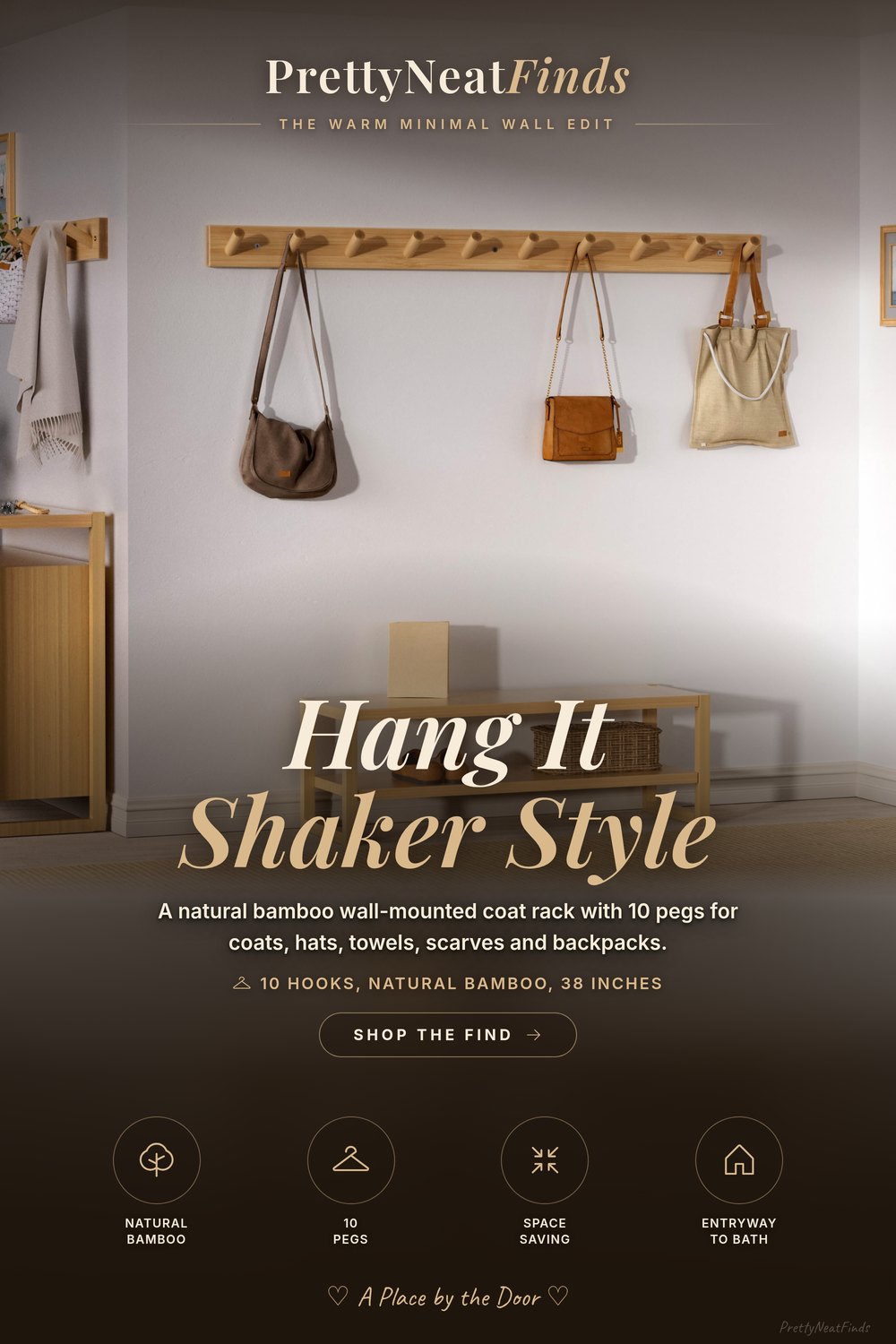 SKOLOO Bamboo Shaker Peg Rail Coat Rack, 10 Pegs, Natural
