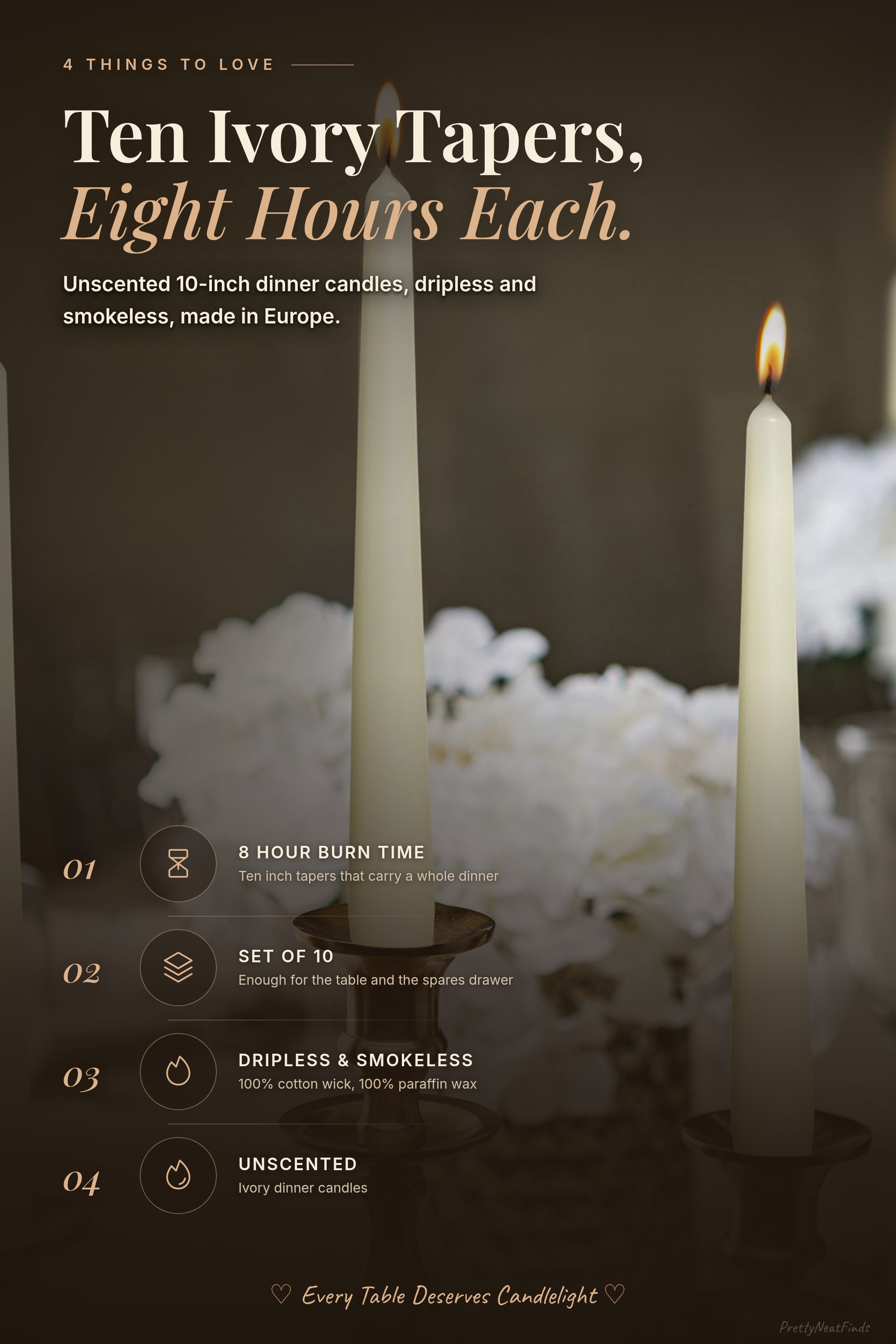 BOLSIUS Ivory Taper Candles, 10 Pack Unscented 10 Inch Dinner Candle Set, 8 Hours Burn Time