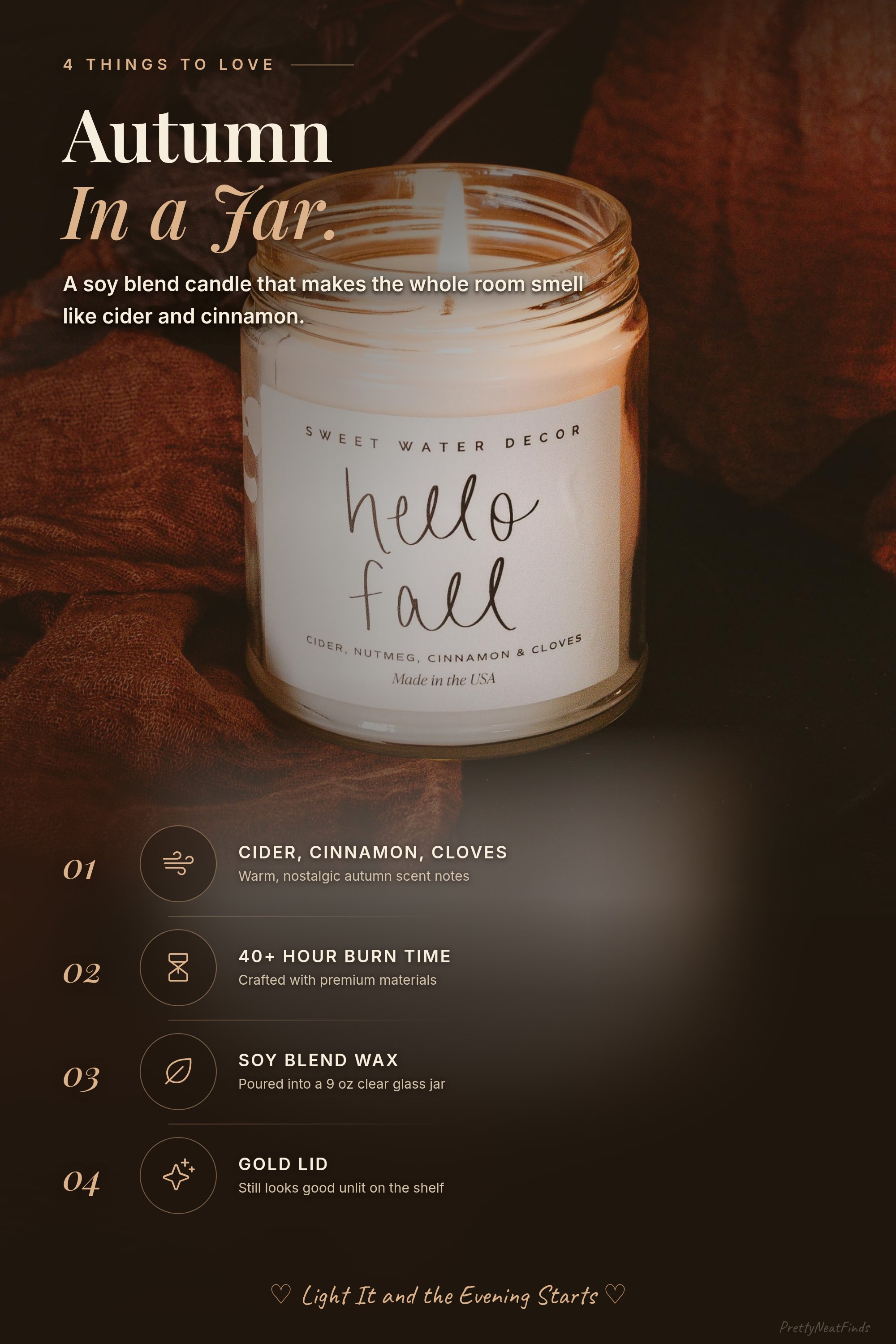 Sweet Water Decor Hello Fall Candle, 9 oz Clear Glass Jar with Gold Lid