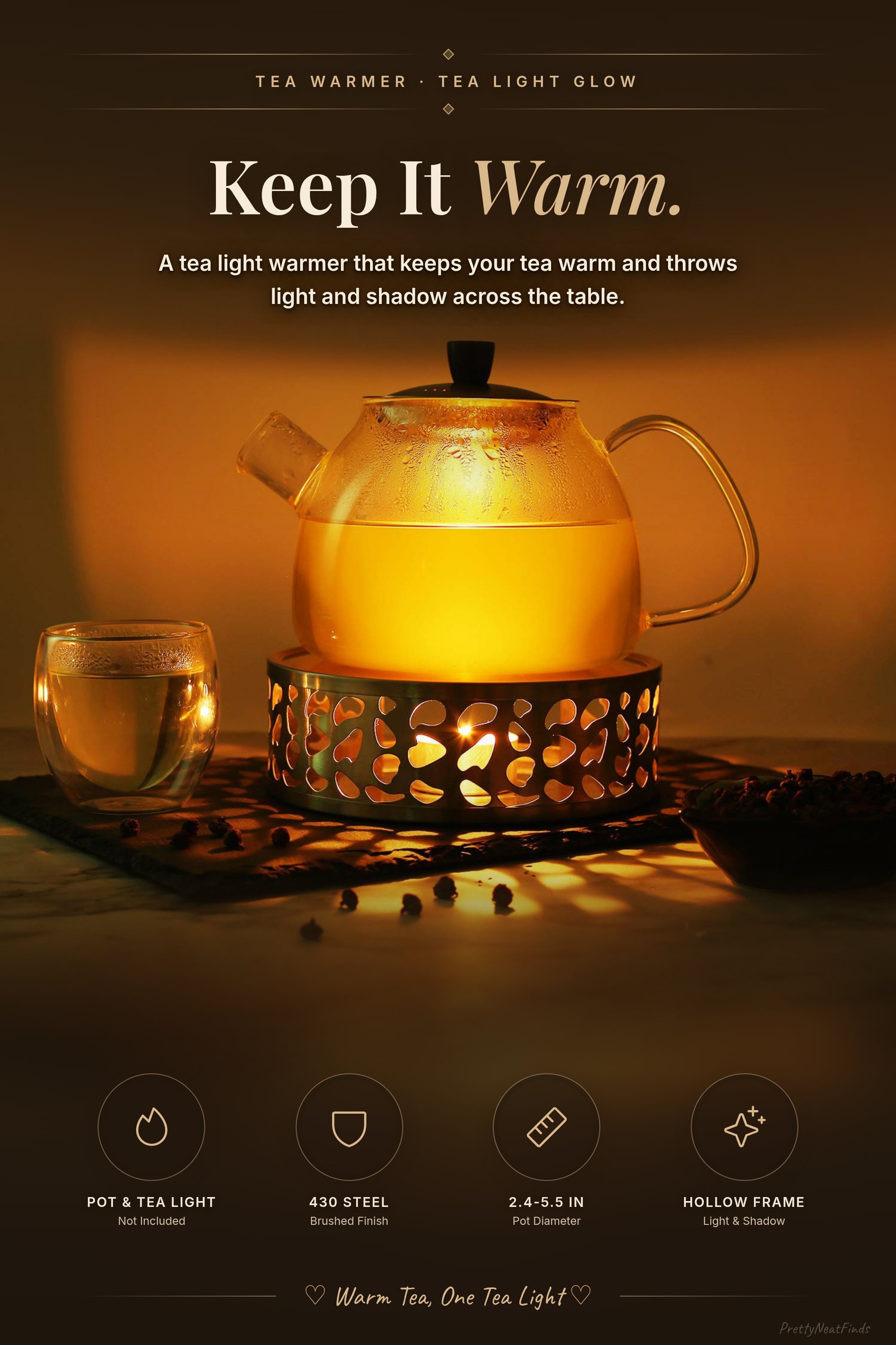 Simtive Teapot Warmer, Brushed Stainless Steel with Tealight Holder, Gold