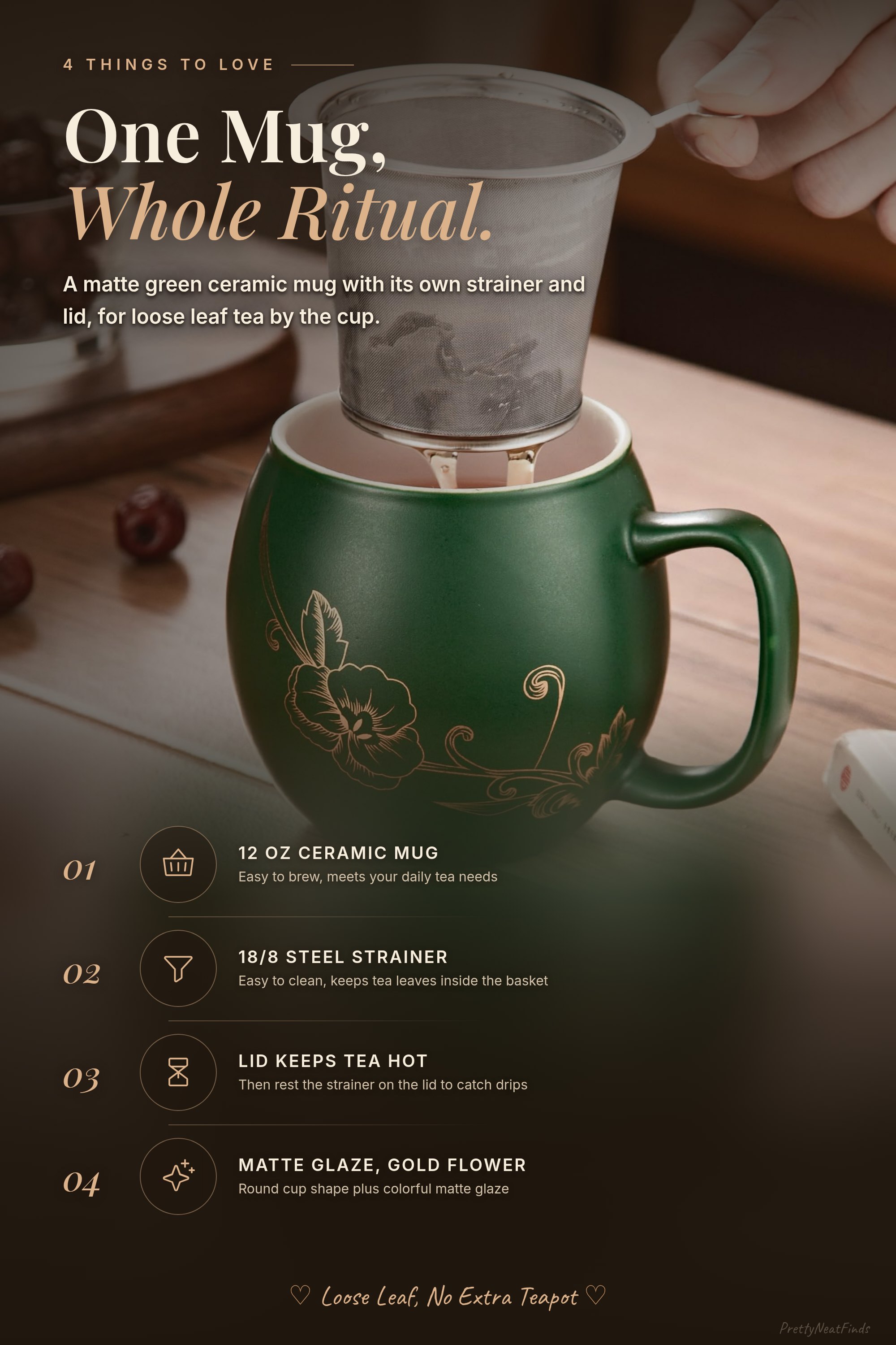 Yundu 12 oz Ceramic Mug with Lid and Stainless Tea Strainer, Matte Green