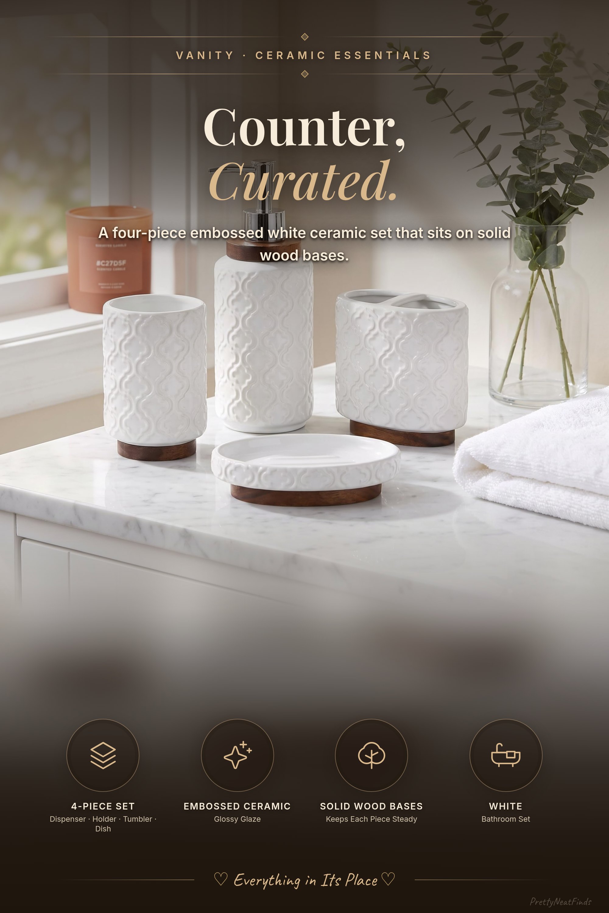 RQYIXI Ceramic Bathroom Accessories Set, White, 4 Piece, Embossed Design