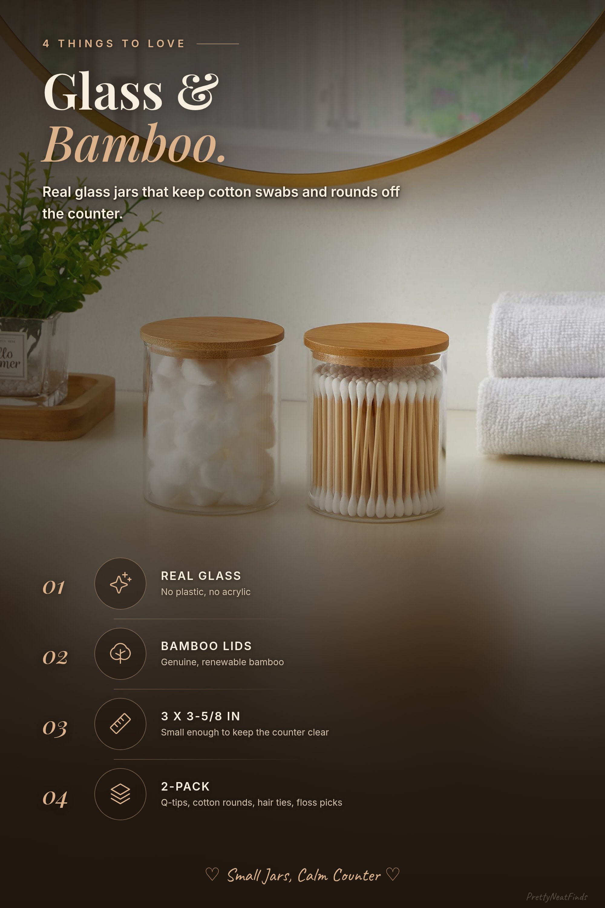 INIUNIK Glass Qtip Holder Dispenser with Bamboo Lid, 2 Pack
