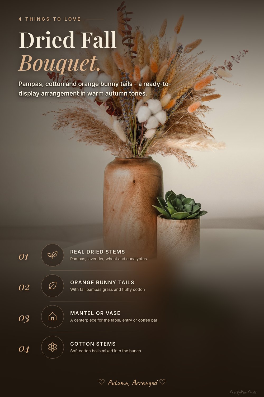 Kocat Fall Dried Flower Bouquet, Pampas Grass, Cotton and Orange Bunny Tails