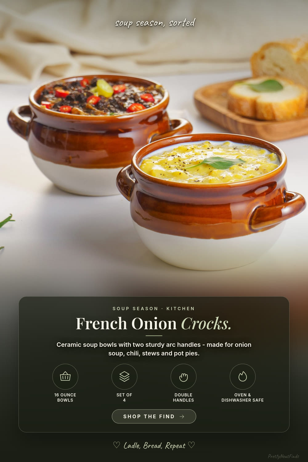 Vumdua French Onion Soup Bowls with Handles, 16 oz Ceramic Crocks, Set of 4