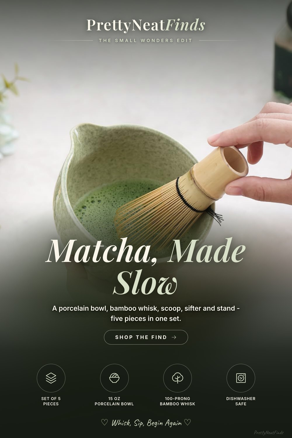 TANG PIN Matcha Set, Matcha Bowl and Whisk, 15 oz, Mottled Green
