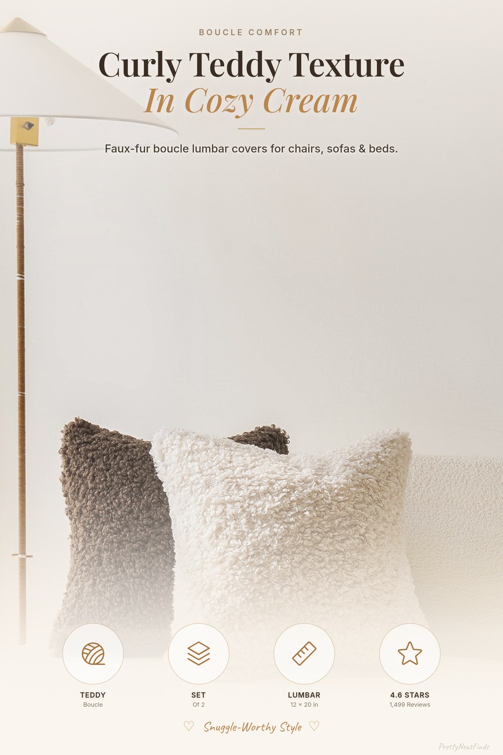 Foindtower Curly Teddy Boucle Lumbar Pillow Covers, 12x20, Cream (Set of 2)