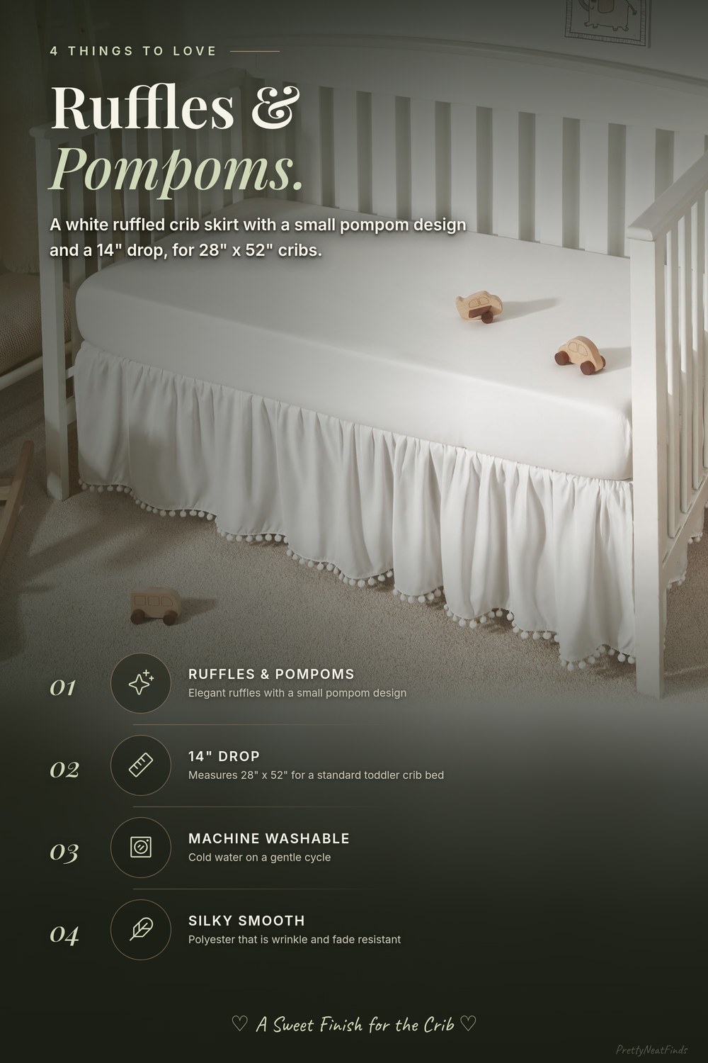 TILLYOU Ruffled Crib Skirt with Pompoms, 28 x 52 Inches, 14-Inch Drop, White