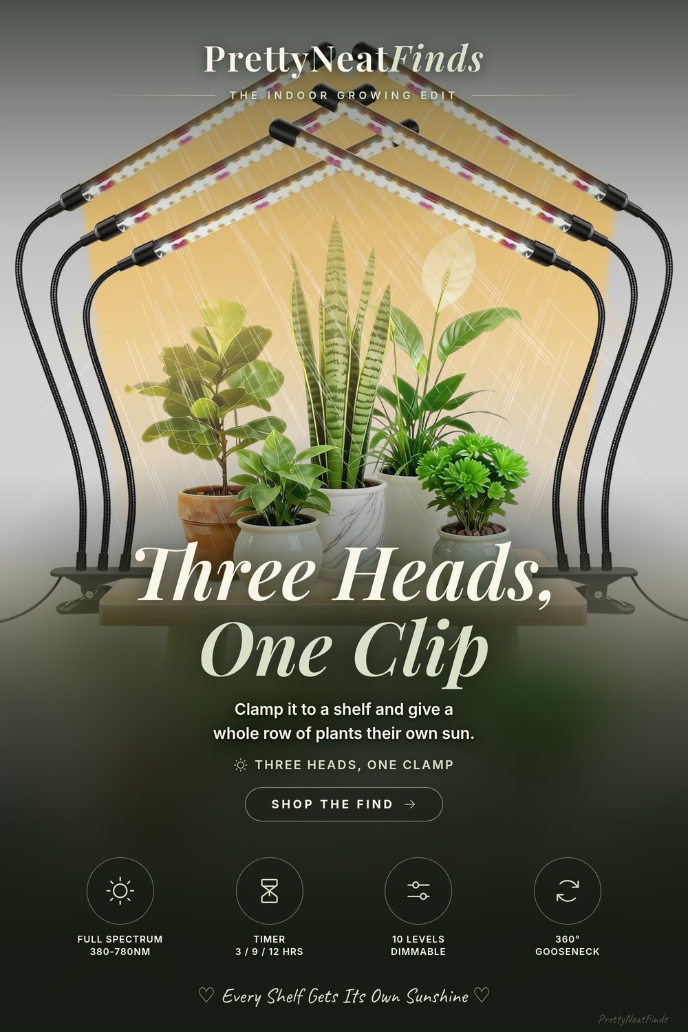 Full Spectrum Tri-Head Clip Grow Light for Indoor Plants