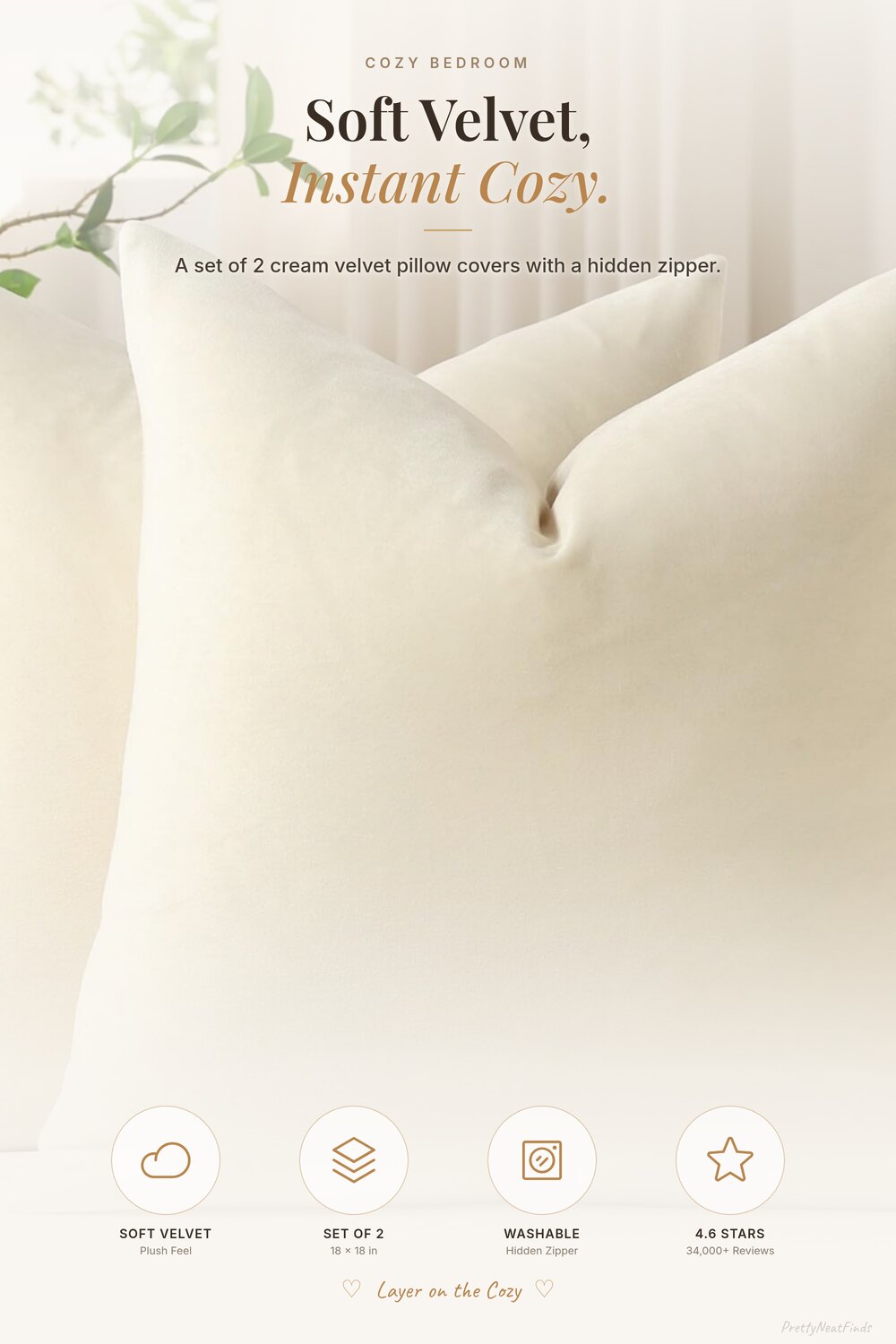 DEZENE Cream Velvet Throw Pillow Covers 18x18 (Set of 2)
