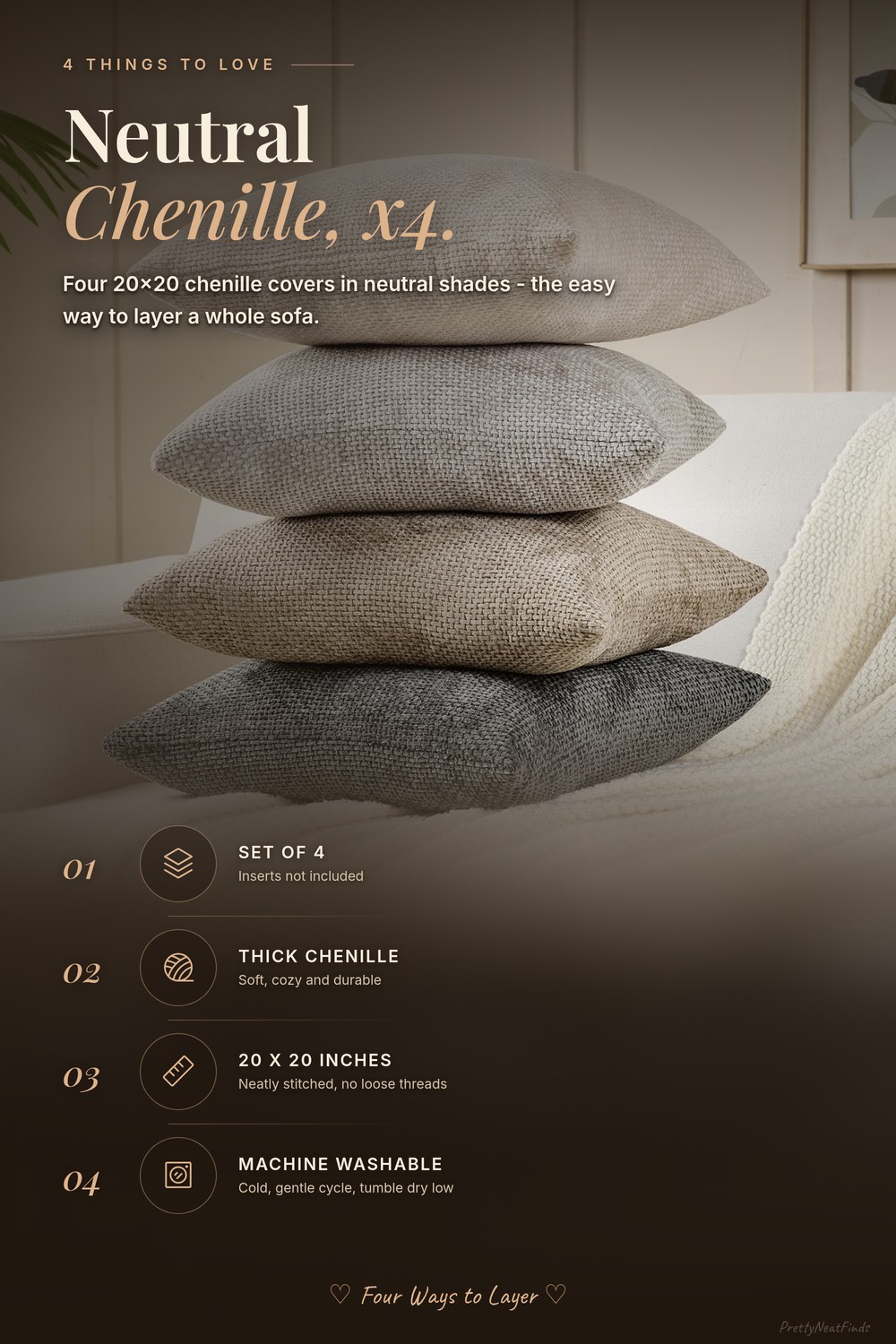 Volcanics Boho Throw Pillow Covers 20x20, Set of 4, Neutral Chenille