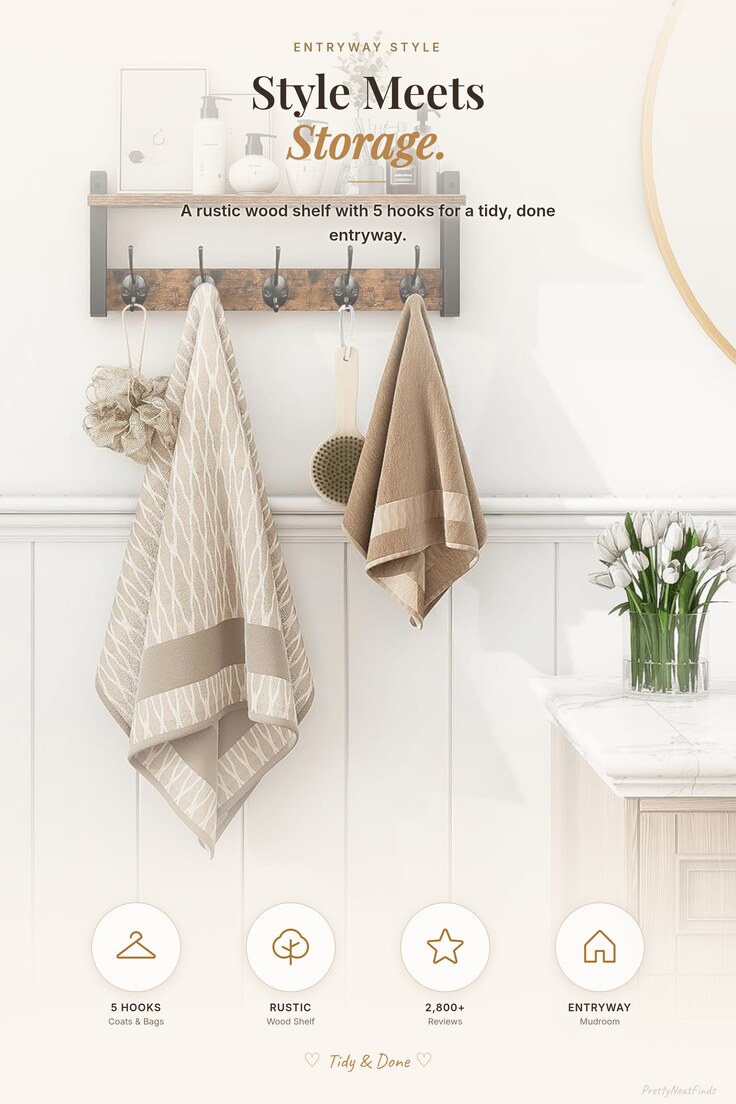 Rustic Wood Wall Shelf with 5 Hooks