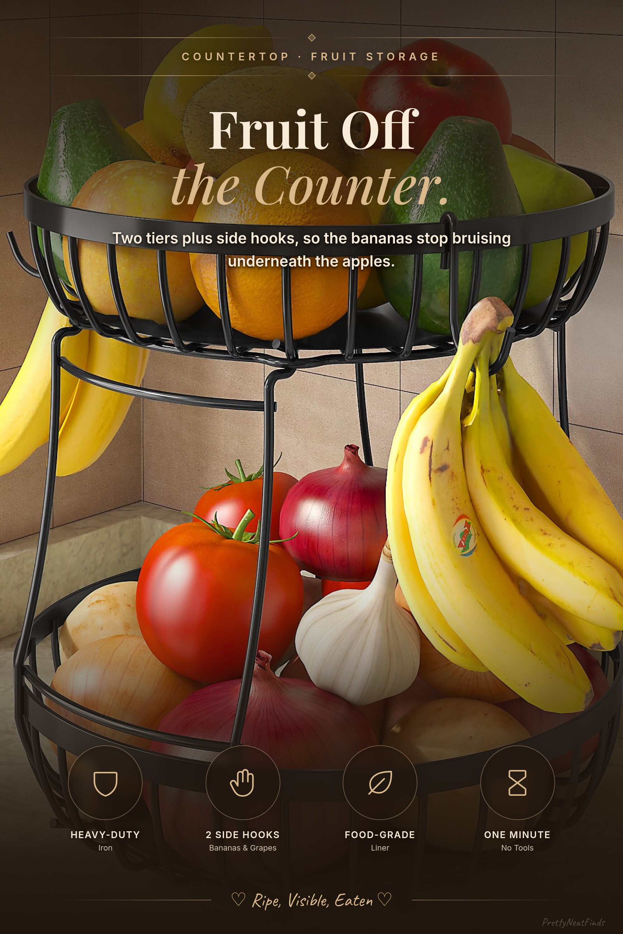 Sevenblue 2 Tier Fruit Basket with 2 Banana Hangers, Black