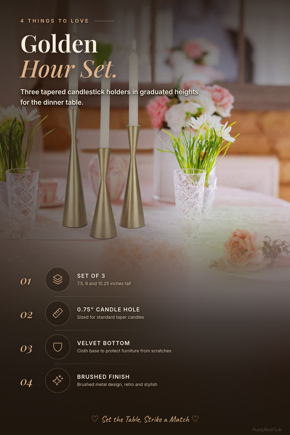 Vixdonos Gold Taper Candlestick Holders in Three Heights, Set of 3