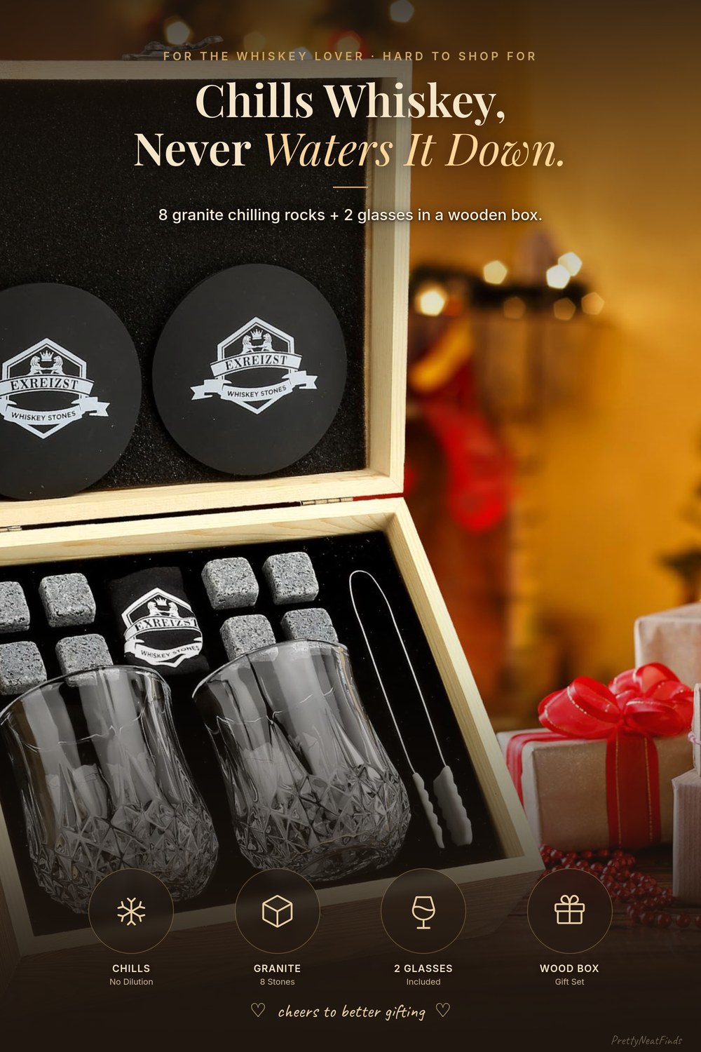Whiskey Stones and Whiskey Glass Gift Box Set (8 Granite Rocks + 2 Glasses)