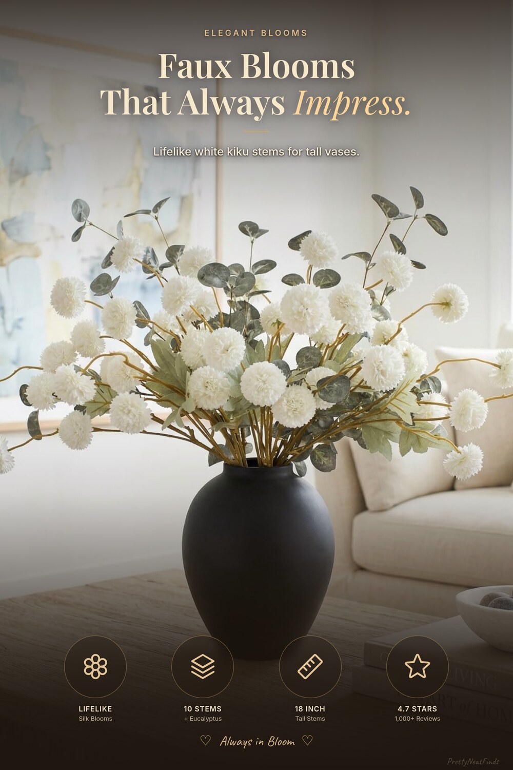 RyddeligHome White Faux Kiku Flowers with Eucalyptus (10 Stems, 18")