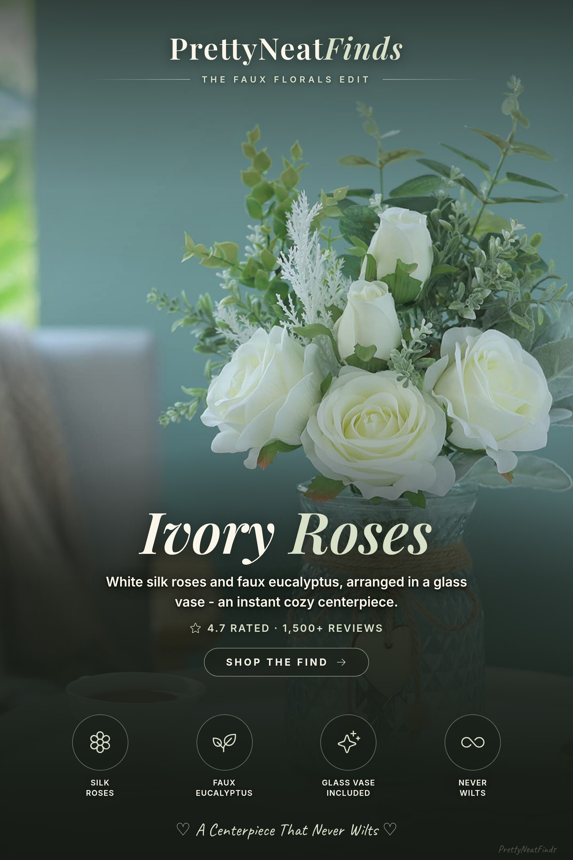 Artificial White Silk Roses & Eucalyptus in Glass Vase