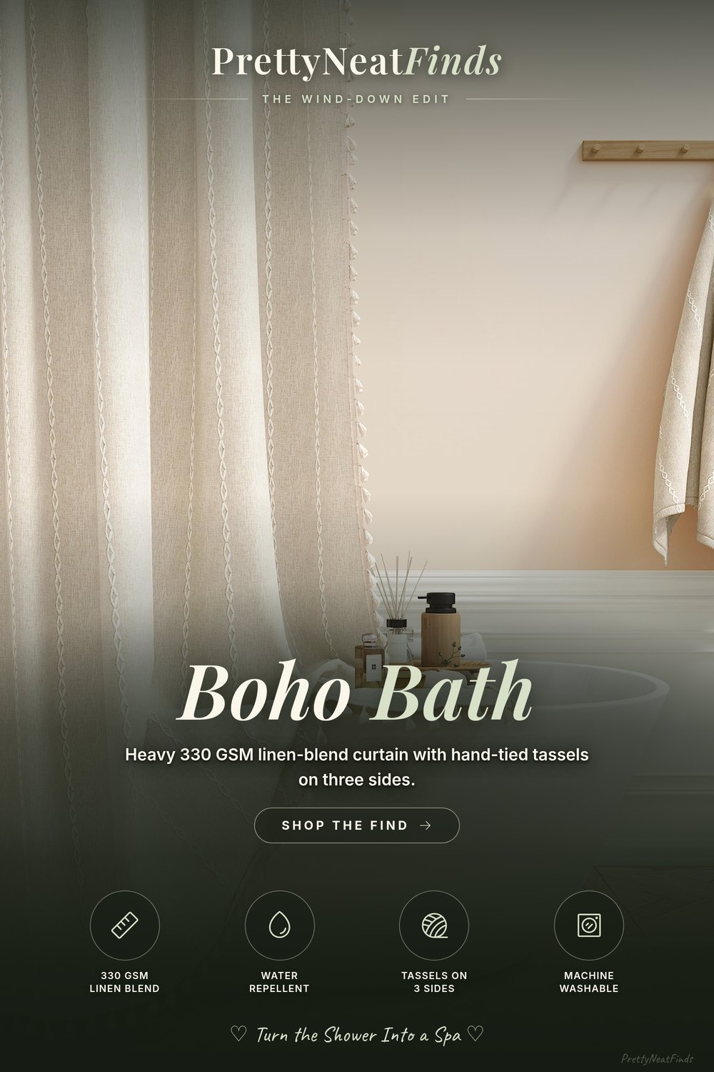 BTTN Boho Farmhouse Linen Shower Curtain with Tassels, Cream/Beige, 72x72