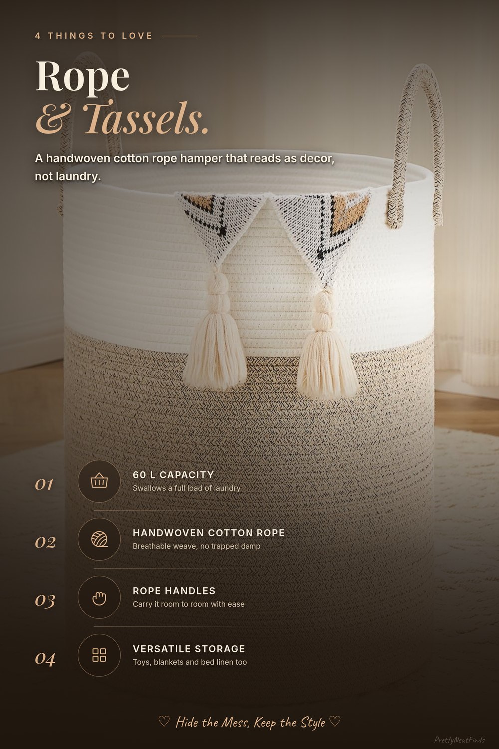 Artfeel Woven Cotton Rope Laundry Hamper with Tassels, 60L