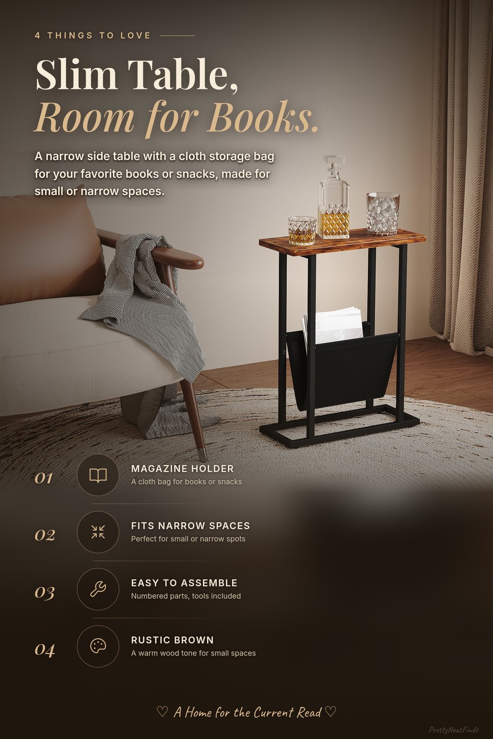 Yusong Narrow Side Table with Magazine Holder, Rustic Brown