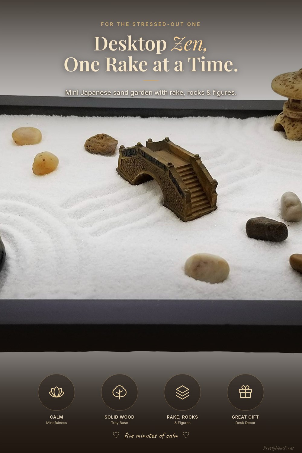 Zen Sand Garden for Desk with Rake, Rocks and Figures (Medium)